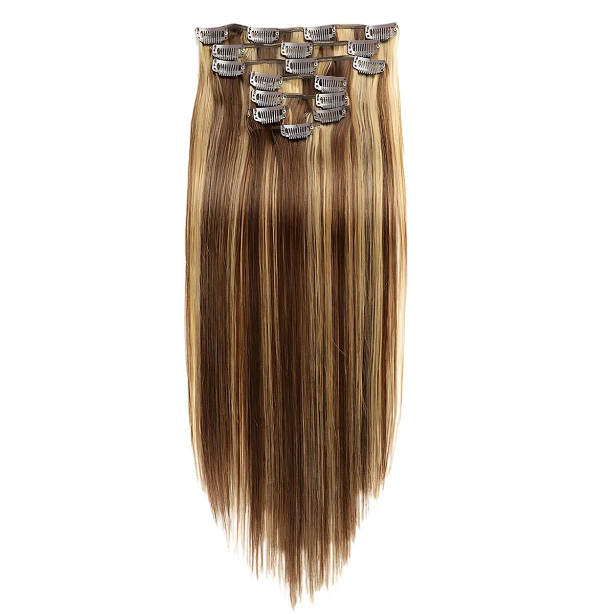 Extensions capillaires blondes en cheveux humains 16 pouces, lisses couleur caramel, lot de 7 pièces à clip, cheveux humains naturels confortables, pinces en U, coiffures variées