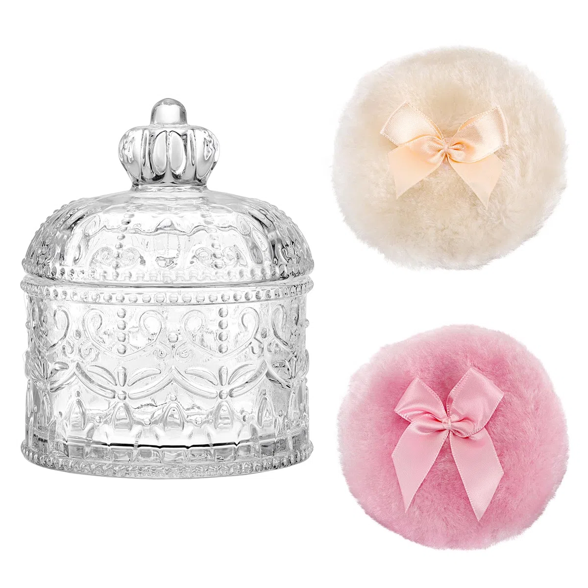 Boite à Poudre Vide en verre Contenant pour poudre libre avec 2 houppettes lavables et réutilisables pour femme, contenant transparent pour talc outil de maquillage (couronne, L)