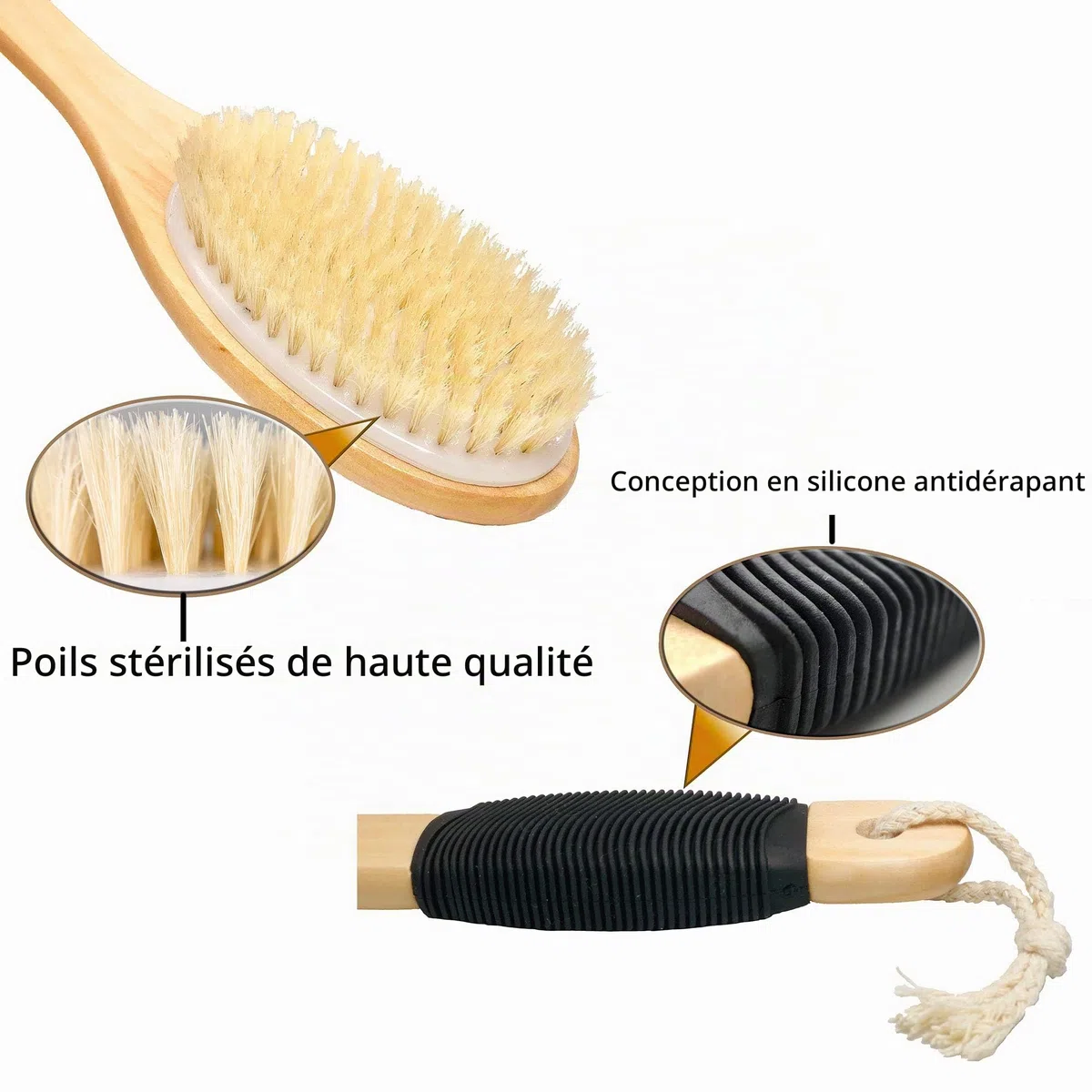 OWIIZI Brosse de bain en bois avec long manche incurvé antidérapant pour exfoliation, brosse à poils naturels pour une utilisation sur le dos, humide ou sec