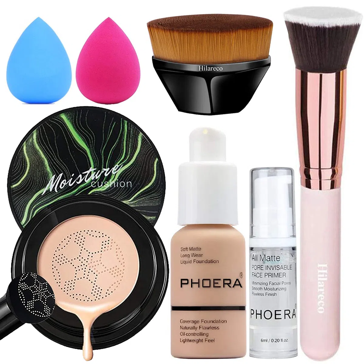 Mushroom Head Air Cushion CC Crème Fondation,PHOERA Fond de Teint Couvrant Et Face Primer Liquide Couverture Complète Foundation Correcteur,Pinceaux Fond de Teint (101 Porcelain+ 02Natural CC)