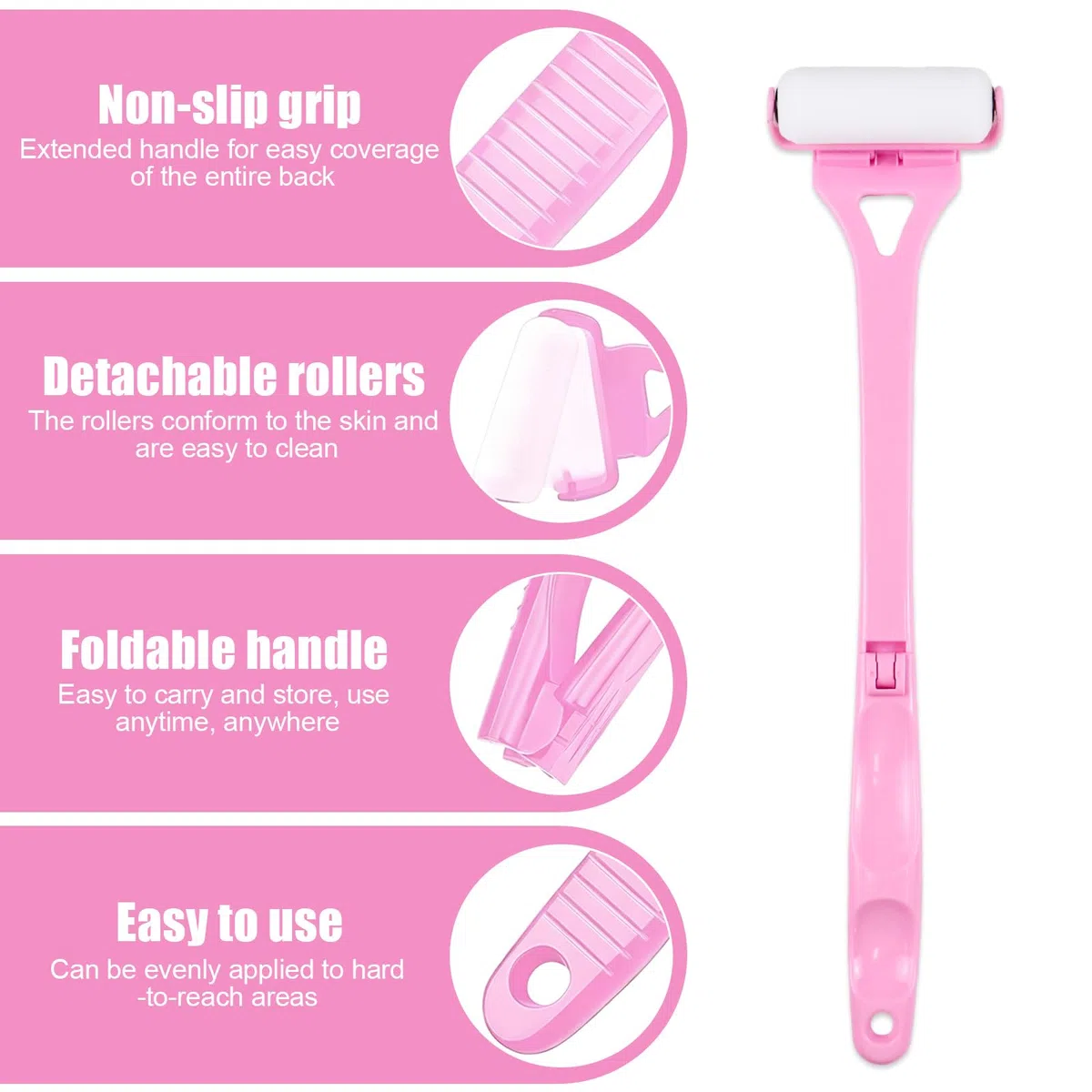Applicateur De Lotion Pour Le Dos 46,5 Cm, Applicateur Pour Dos Avec Long Manche Et 2 Têtes De Rouleau De Rechange, Applicateur Lotion Pour Le Corps Applicateur Crème Dos