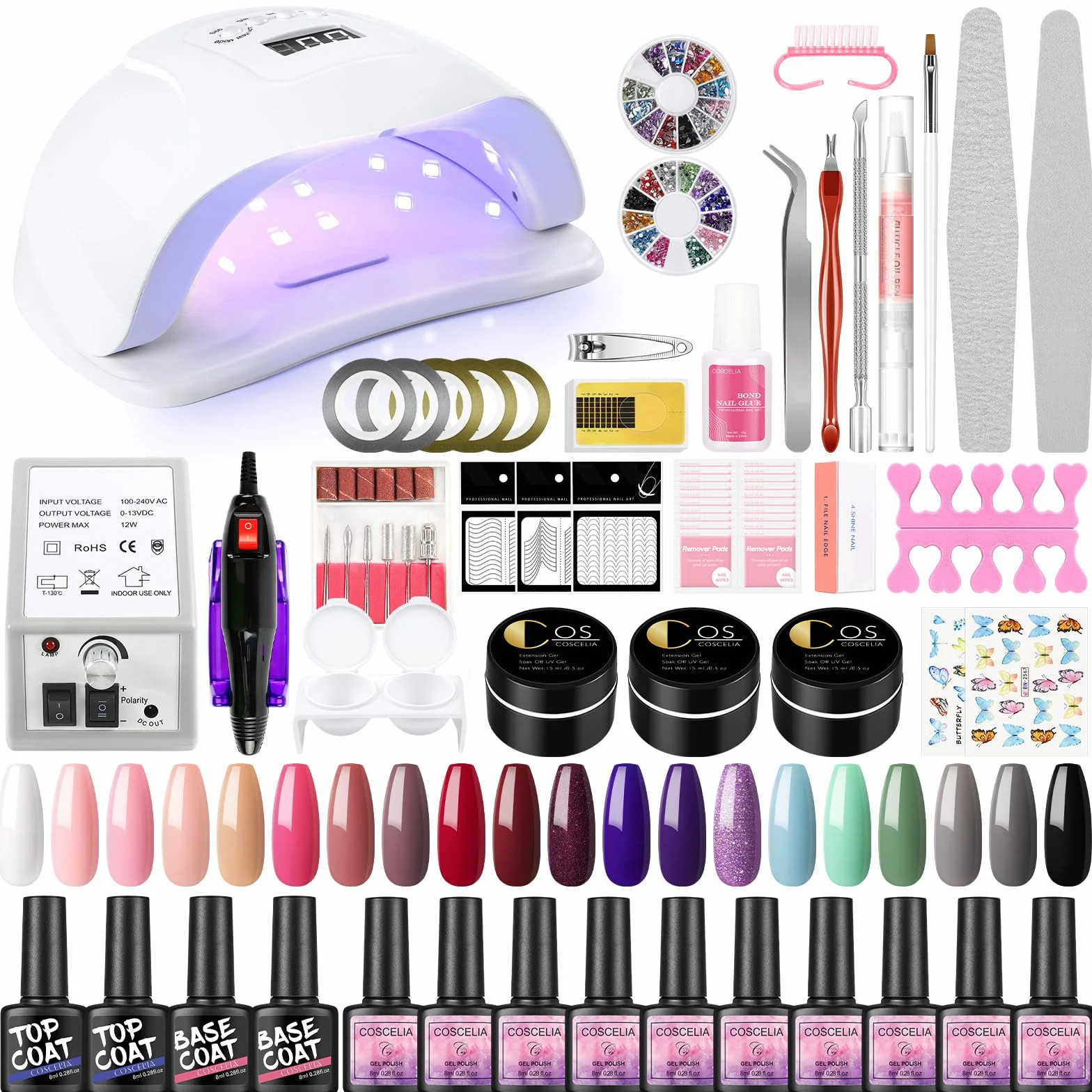 COSCELIA 20pcs kit uv ongle Complet Kit Vernis Gel Semi Permanent 80W UV/LED Lampe Poly Extension Gel 12W Ponceuse à Ongle Ponçage Accessoires Remover Pad Nail Art Débutants Kit Manucure