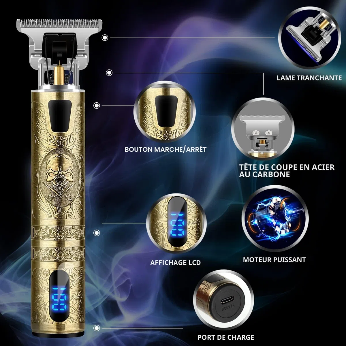 Tondeuse Cheveux Hommes, Tondeuse Barbe Electriques Professionnelle, Sans Fil Rasoir, Écran à LED, Rechargeable, Silencieuse pour les Enfants et la Famille