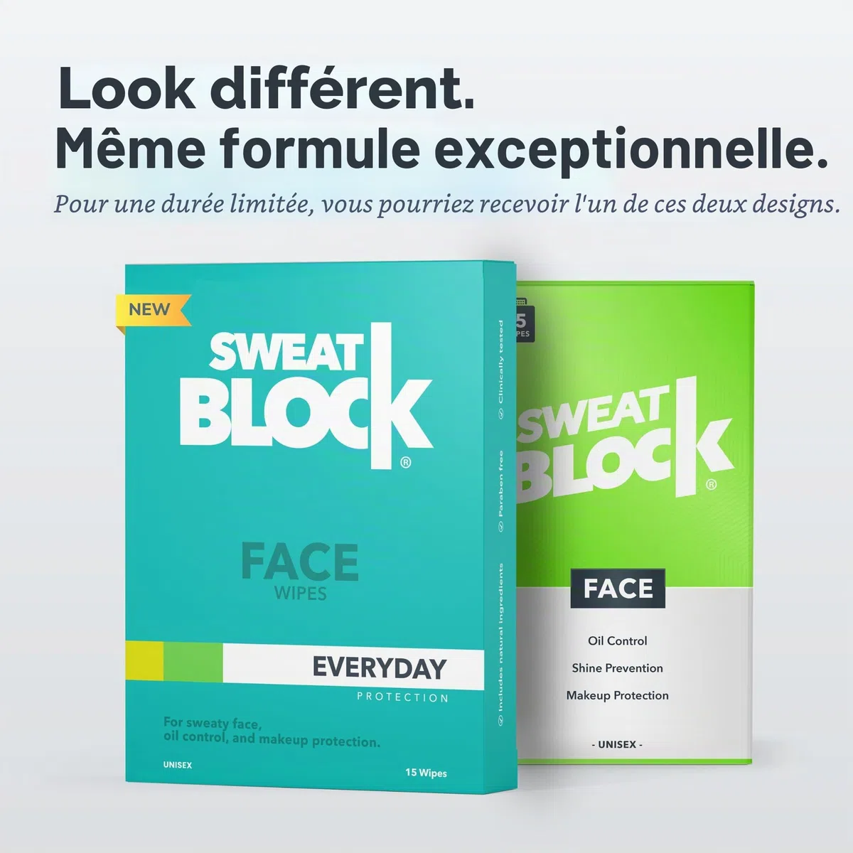 SweatBlock Lingettes quotidiennes pour le visage + contrôle de la peau grasse, minimisent la brillance et protègent le maquillage. Idéales pour le vis