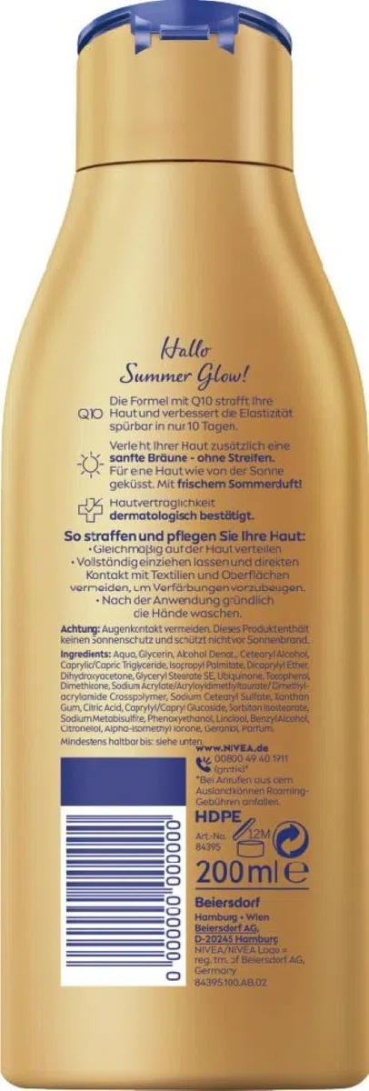 NIVEA Lotion corporelle raffermissante et bronzante Q10, soin pour un bronzage doux avec parfum d'été frais, soin de la peau pour une peau plus ferme en seulement 10 jours (200 ml)