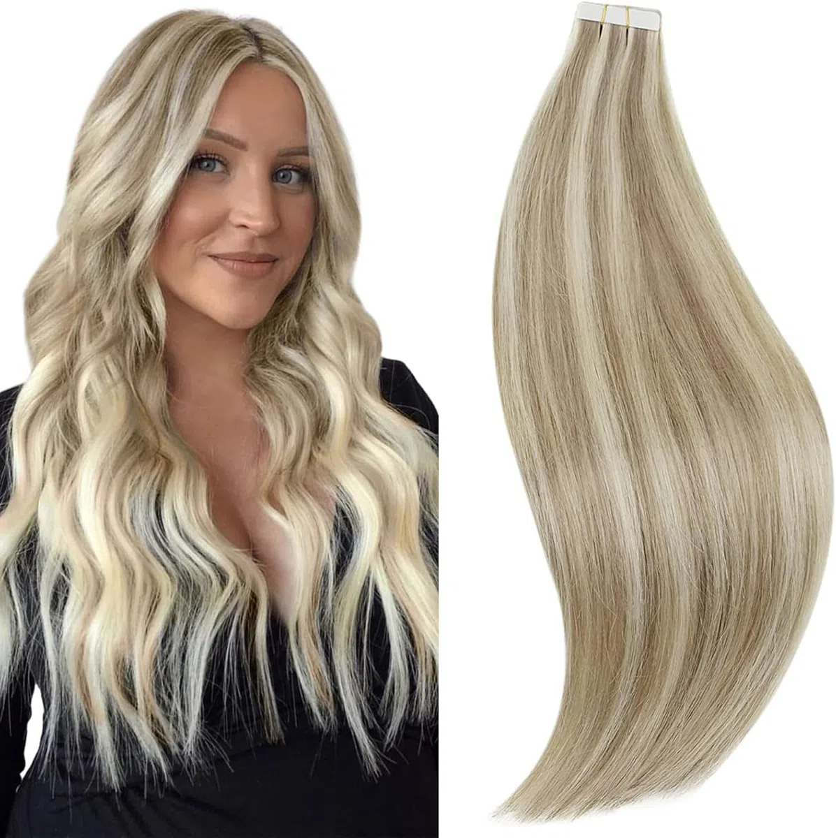 RUNATURE Extension Cheveux Naturel Adhesif Invisible Blond Clair avec Blond Platine 30cm 20pcs 50g #8P60