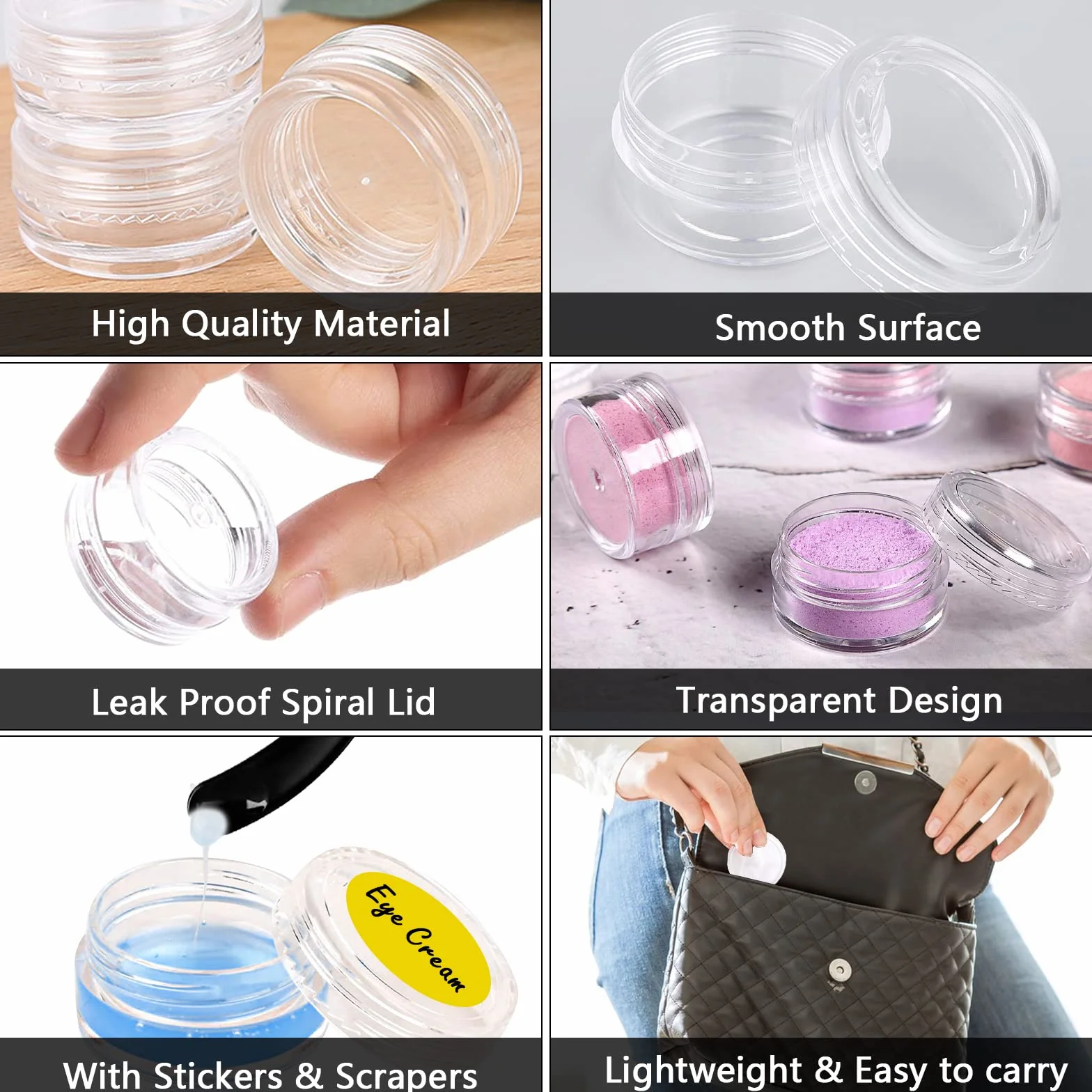 100 pots d'échantillons de voyage en plastique transparent de 5 ml/5 g avec couvercles, étiquettes, spatule, accessoires de maquillage pour produits de toilette, baumes à lèvres, crèmes,paillettes