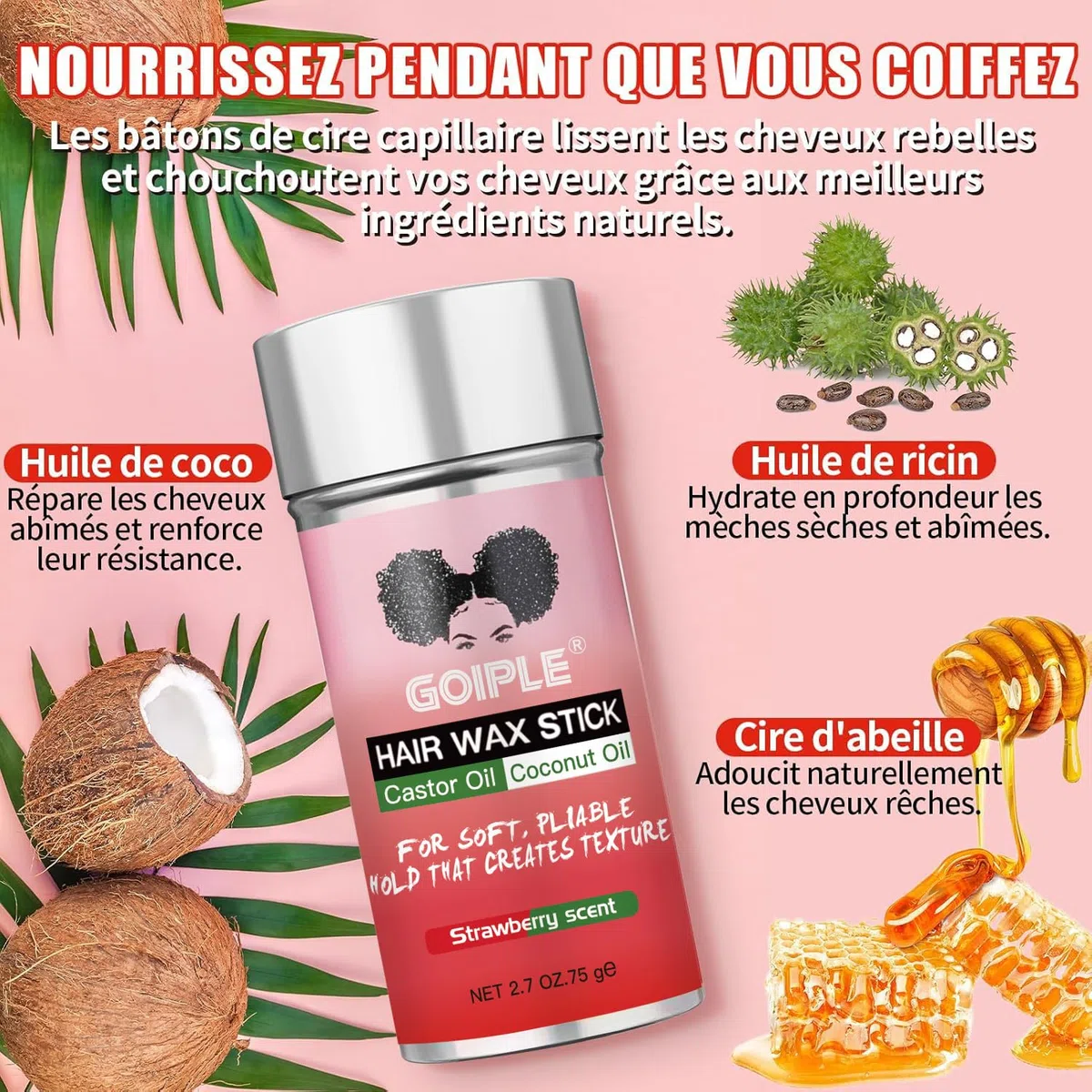 Hair Wax Stick Longue Durée, Non Gras Wax Stick Hair pour Cheveux Rebelles, Bâtonnet de Cire pour Femmes & Enfants, Avec Brosse à Cheveux Lisse, Brosse à Bords, Peigne à Queue de Rat et Pince de Salon