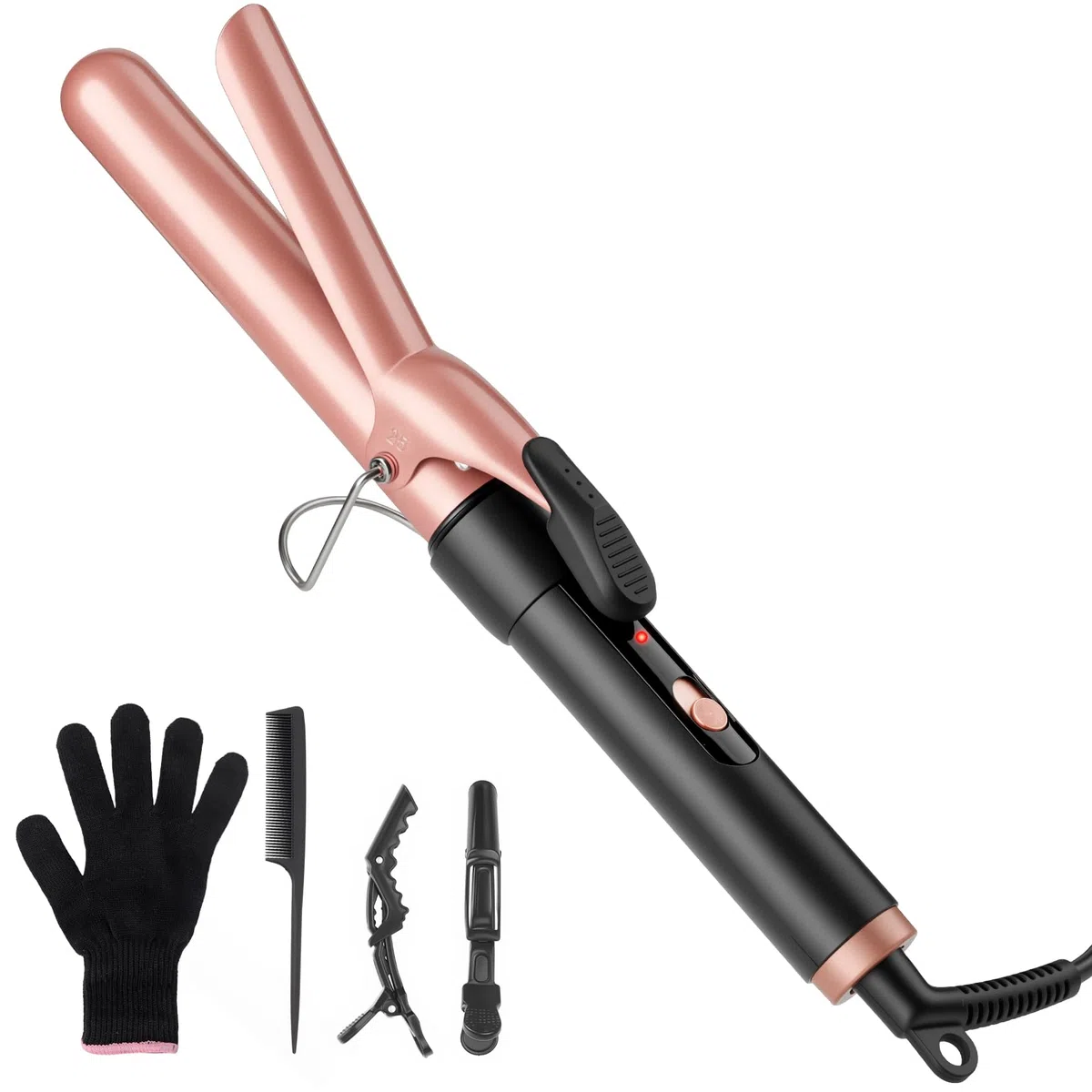 Fer à boucler 25 mm, Boucleur a Cheveux en céramique avec température réglable pour cheveux longs et moyens, double tension professionnel Fers à friser avec gant
