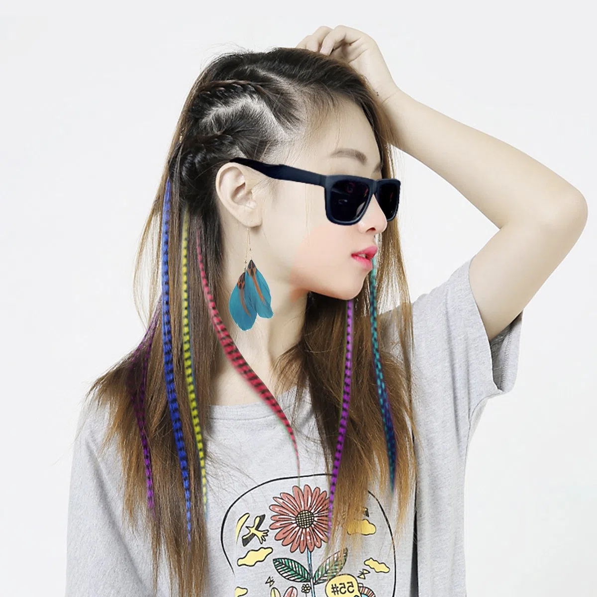 Lot de 52 extensions de cheveux - en plumes synthétiques - 100 perles, une pince et un crochet