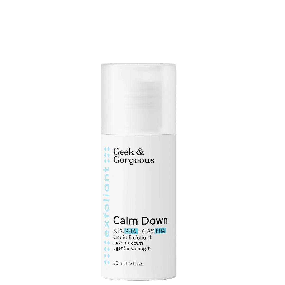 Geek & Gorgeous Calm Down – Exfoliant Doux Visage aux Acides PHA et BHA, Exfolie Délicatement, Hydrate et Apaise les Peaux Sensibles, 30 ml