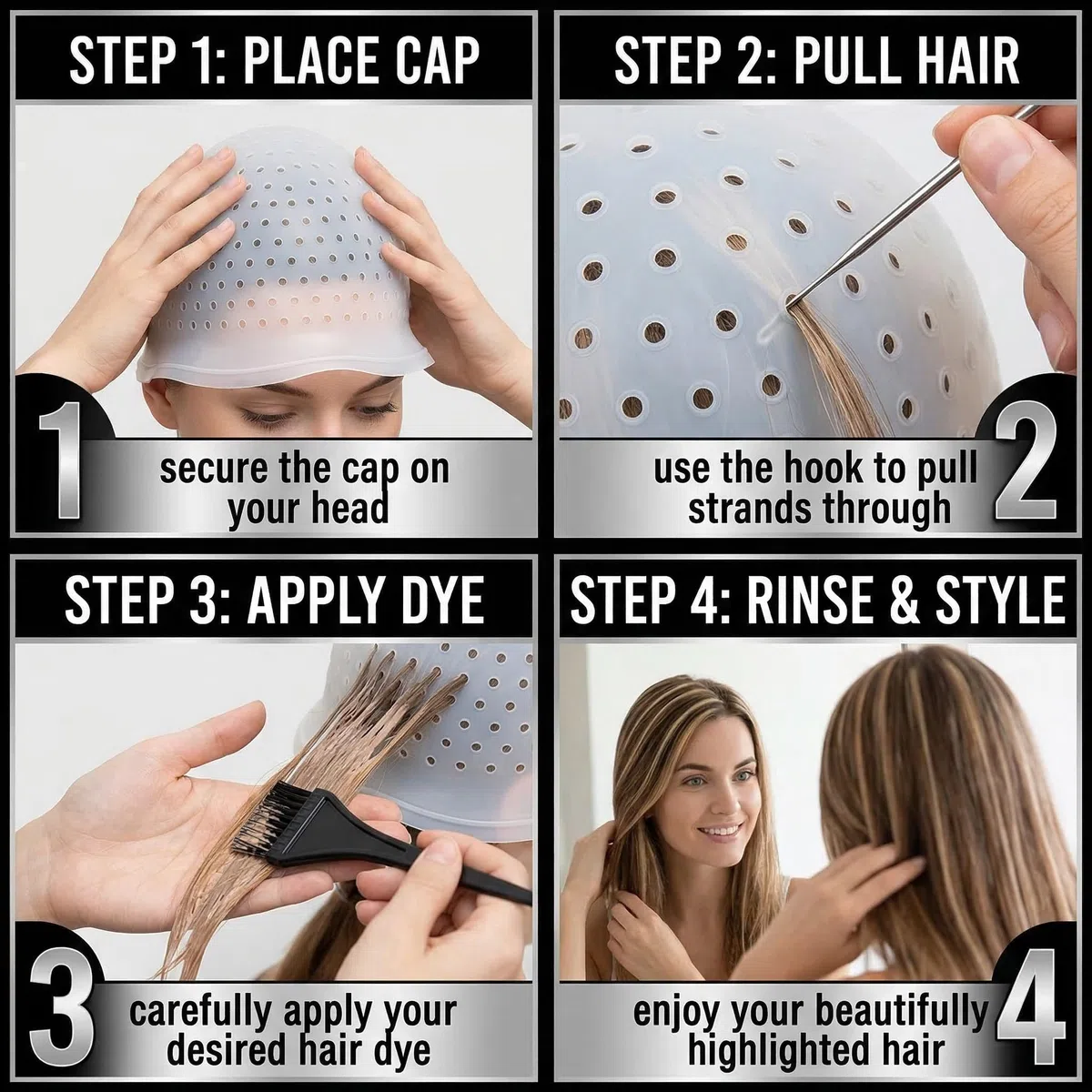 1 Set Bonnet Meches Cheveux, Kit Coloration Cheveux Professionnel avec Bonnet en Silicone et Outils, Pour Salon de Coiffure et Usage Domestique, Noir et Blanc