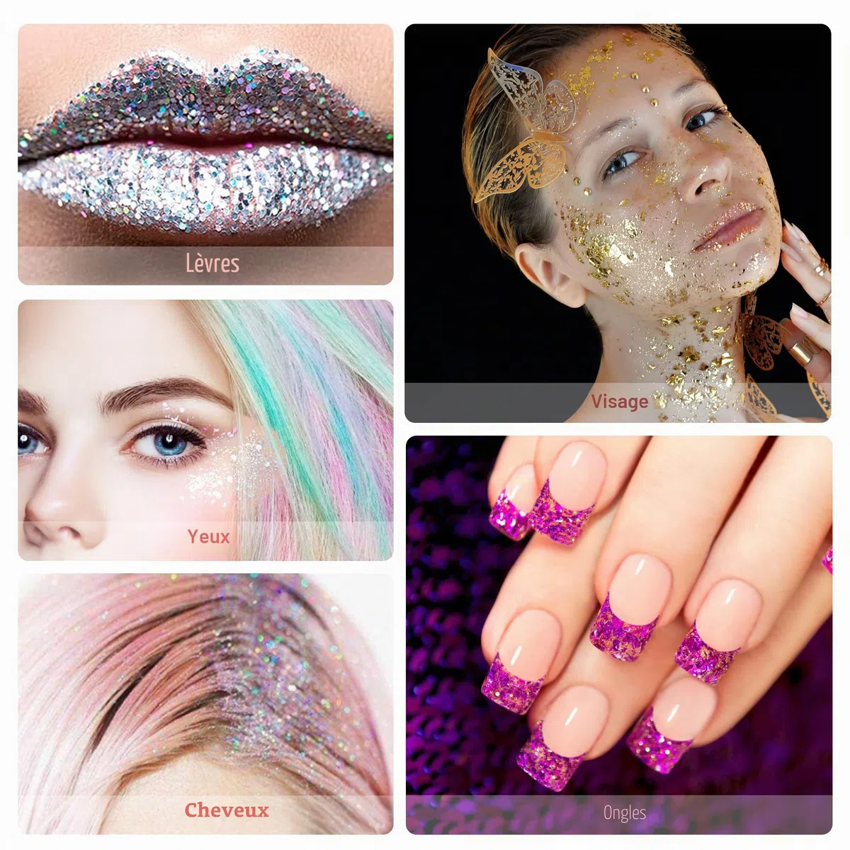Vegena - Lot de 5 bouteilles de gel pailleté pour le corps - Pour le visage, les cheveux, les lèvres, les ongles, les festivals, les fêtes - Blanc + argent + or + rose + bleu