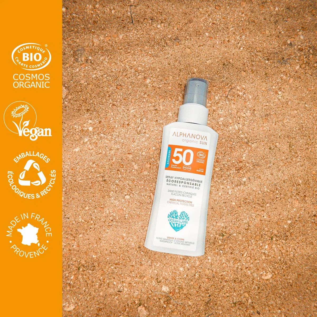 ALPHANOVA Spray solaire SPF50 Naturel et Bio - Format voyage - bagage cabine - 90g - Sans parfum