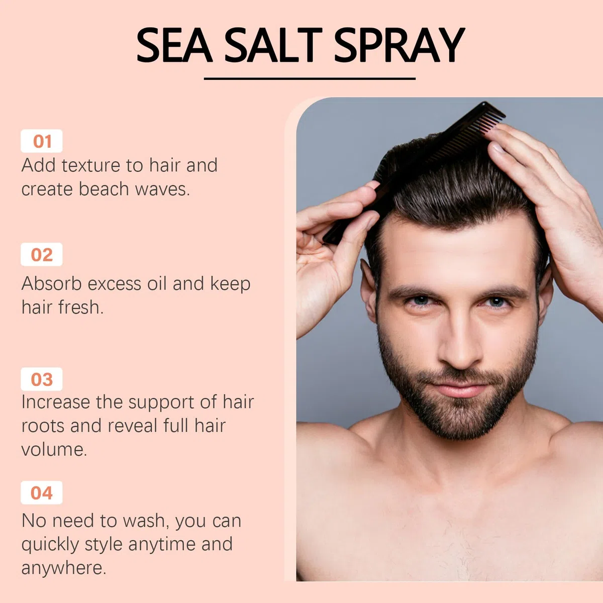 Sea Salt Spray, Men's Spray Texturant au Sel Marin, Spray Coiffant Eau de Mer, Spray Eau de Mer Cheveux pour Cheveux Plus Volumineux & Texture Stable, 06