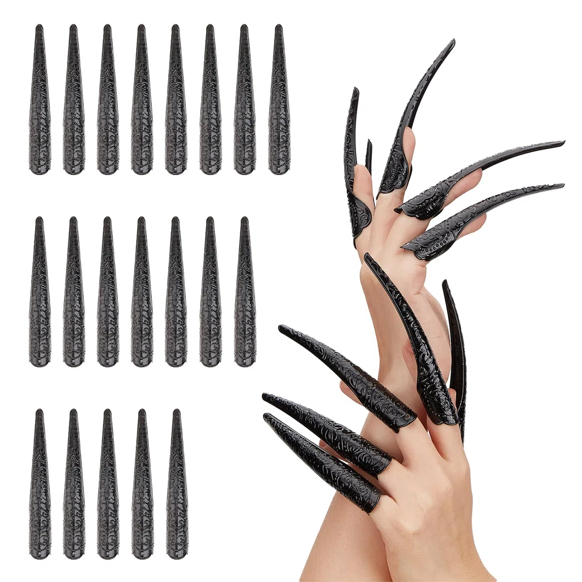 NICENEEDED 20 Pcs Long Finger Claws Faux Ongles Anneaux Anneaux pour Ongles Noirs Griffe Protège Phalanges Extension du Bout des Doigts Halloween