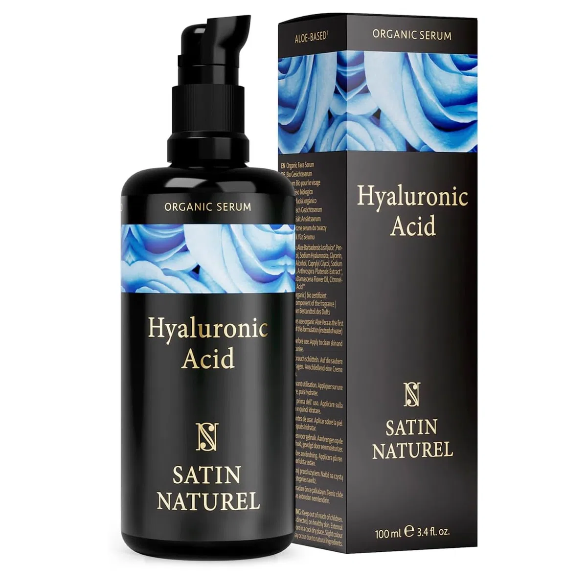 Satin Naturel Sérum Acide Hyaluronique à Forte Teneur 100 ml – Soin Visage Bio à l’Acide Hyaluronique – Hydratant Anti Âge Vegan – Hydratation 24 h – Soin pour Femmes et Hommes