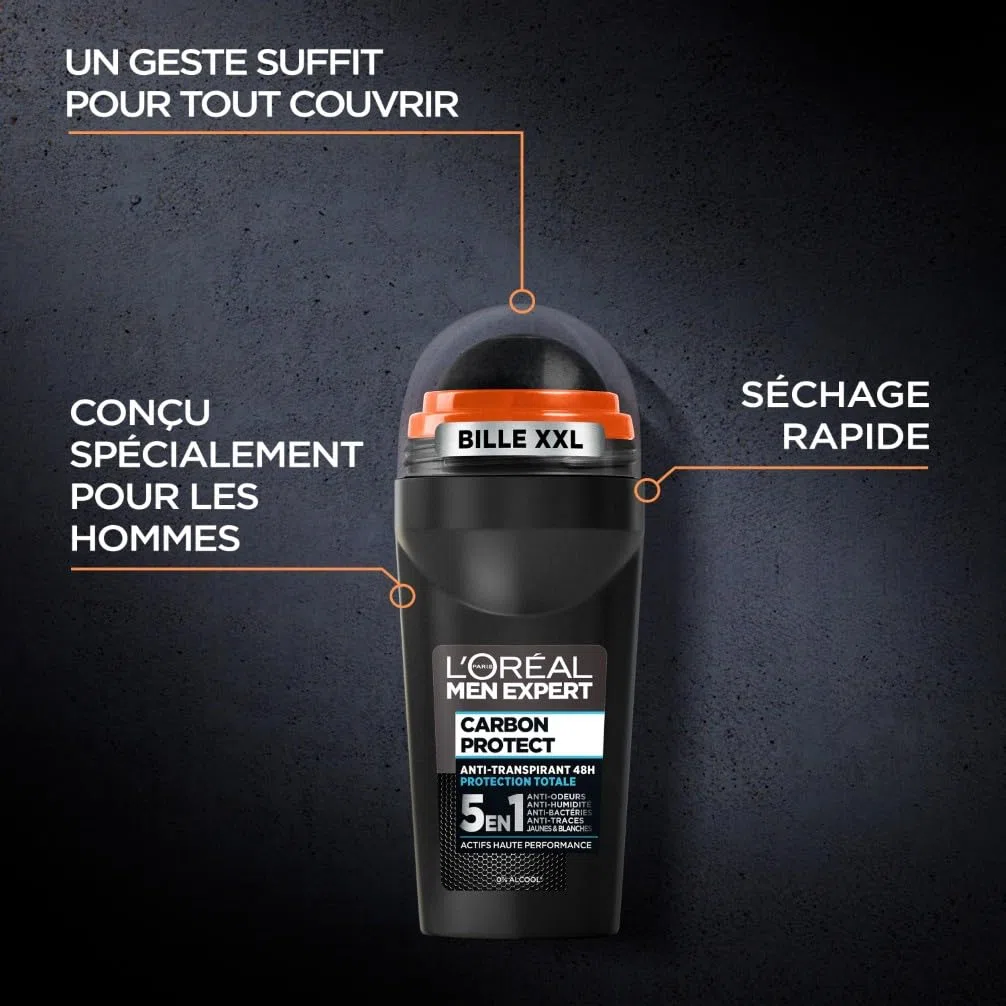 L'Oréal Paris Men Expert - Carbon Protect Ice Fresh - Déodorant Bille Spray Homme Anti-Traces - 50 ml - Lot de 6