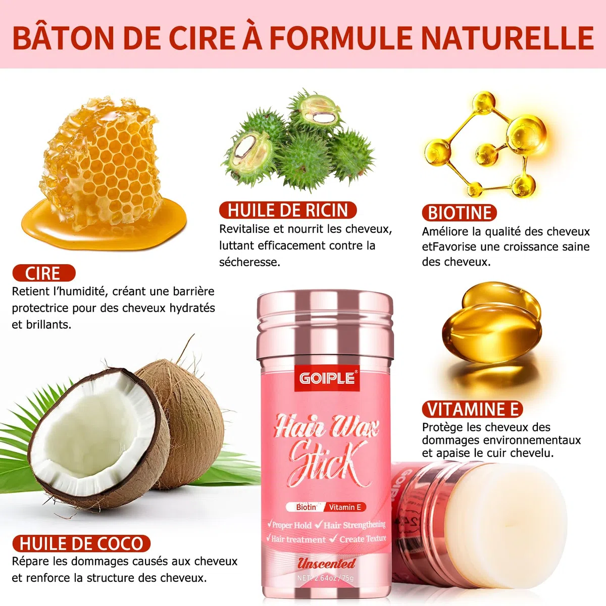 Hair Wax Stick Stick Cheveux Plaquage, Stick Cheveux Longue Tenue, Stick Plaquage Cheveux Lissant & Coiffant pour Femmes, pour Lisser, ContrôLer Edge Rebelles Avec Brosse Poils Sanglier