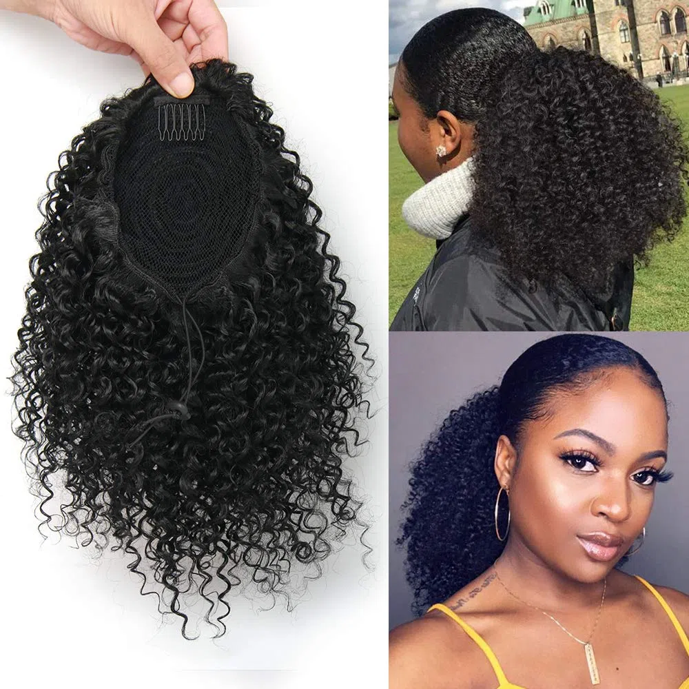 Extension de queue de cheval afro - américaine bouclée cheveux courts en queue de cheval afro - américaine (1B, 12 Inch)