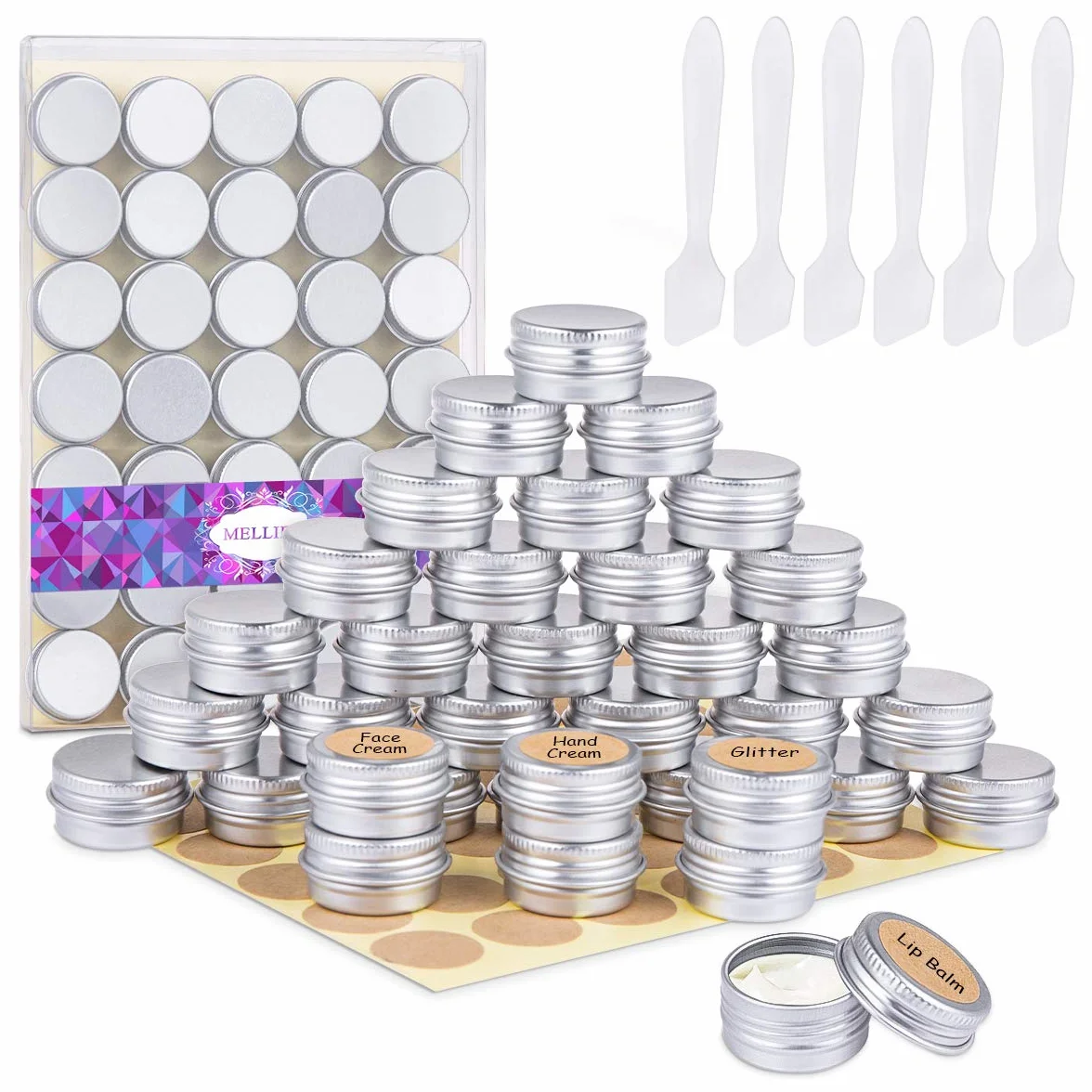 35 Pots en Aluminium de 5 Ml, Pots de Contenants Cosmétiques Vides Avec Spatule et Autocollants d'Étiquettes Pour Échantillon, Baume à Lèvres