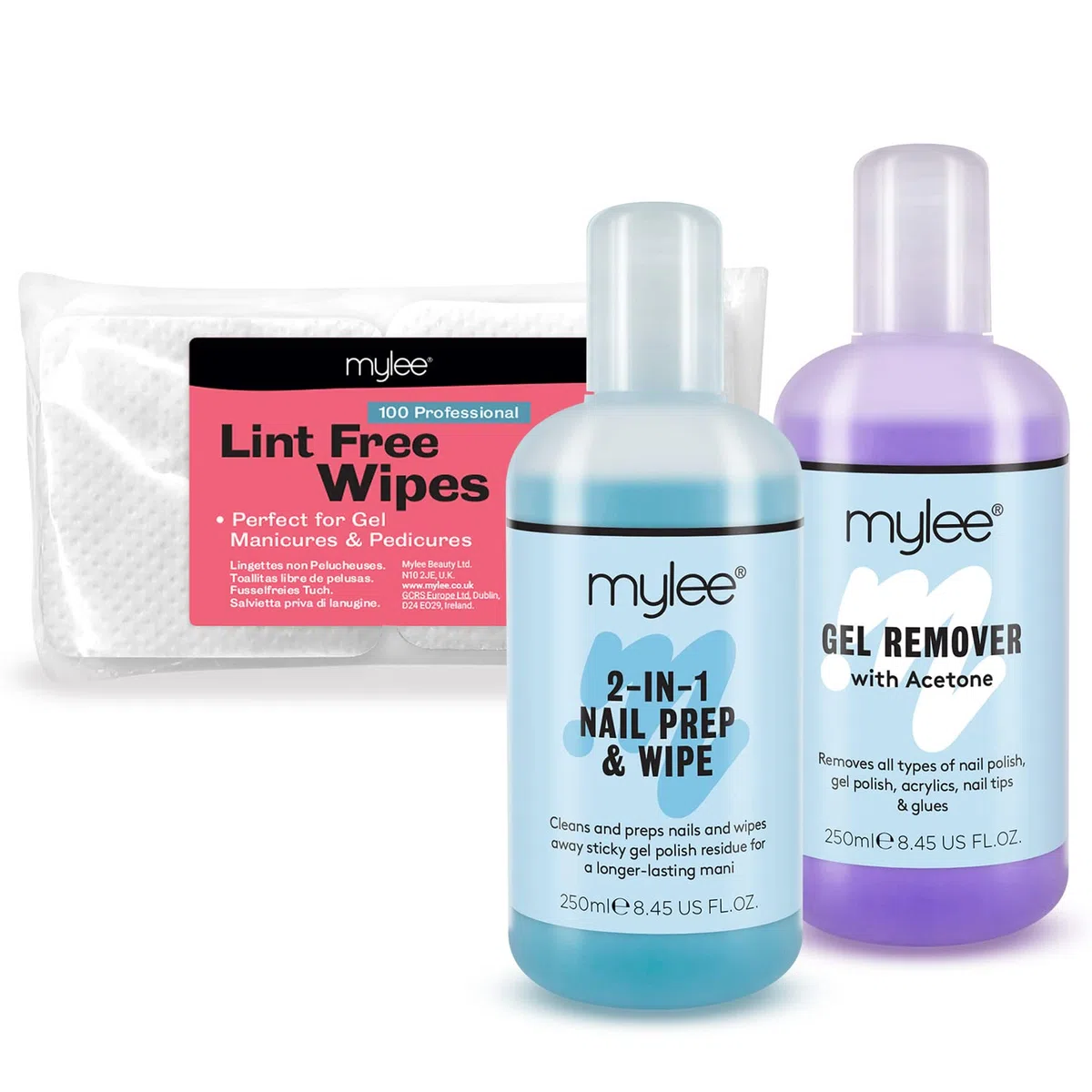 Mylee Kit Manucure & Pédicure Salon, Solution de Préparation & Nettoyage Nail Prep & Wipe, Dissolvant Gel Remover et Lingettes pour Ongles UV LED pour Trempage de Vernis Semi Permanent