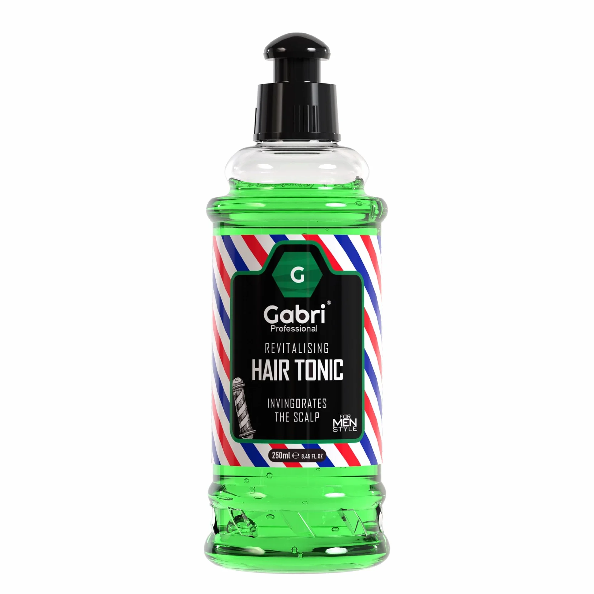 Tonique pour cheveux - Avec un design attrayant de Barber Shop - Vert rafraîchissant à l'intérieur et parfum irrésistible - 250 ml (1 pièce)