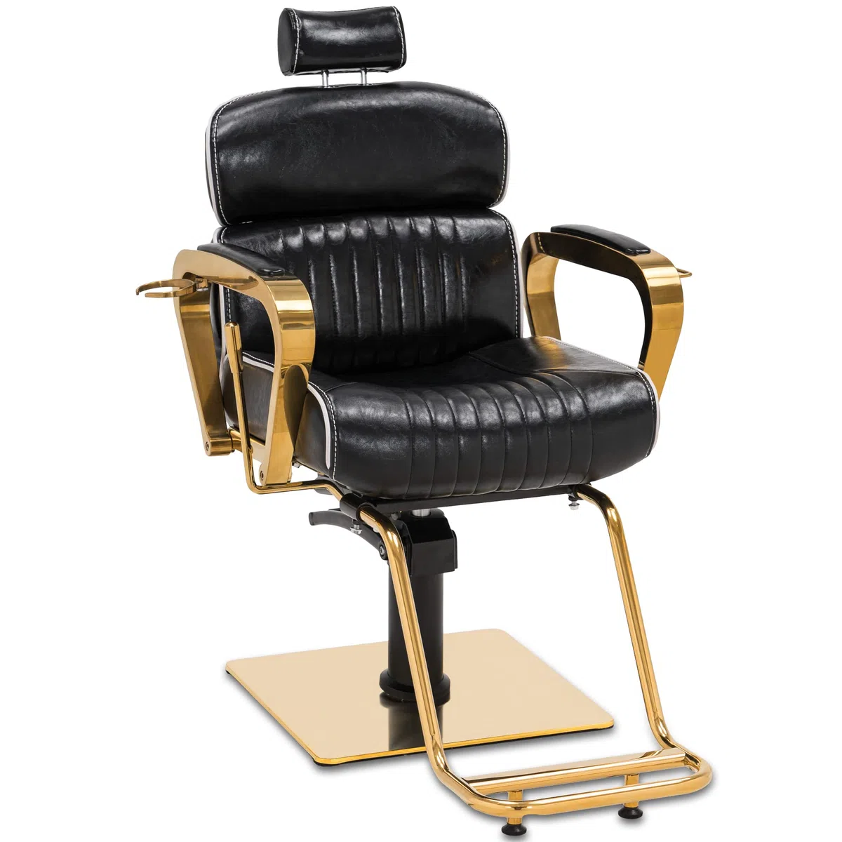 Barberpub 3078 - Fauteuil de coiffeur avec appuie-tête - Hauteur réglable et inclinable - Pour homme et femme - En cuir synthétique - Style vintage rétro - Noir et doré