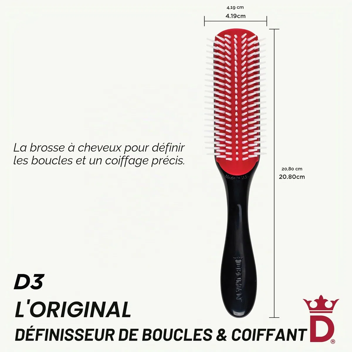 Denman Curly Hair Brush D3 (Black & Red) 7 Row Styling Brush for Detangling, Separating, Shaping and Defining Curls - For Women and Men