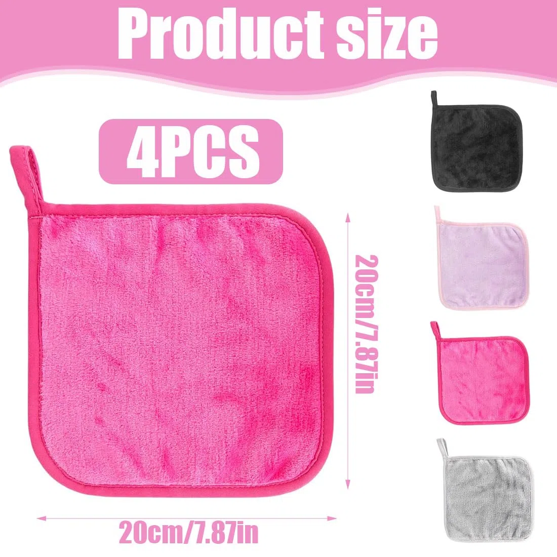 WeddHuis 4 Lingettes Démaquillantes Lavables en Microfibre, 20 x 20 cm, Réutilisables avec Pochette de Rangement, Idéal pour Démaquillage Visage, Multicolore