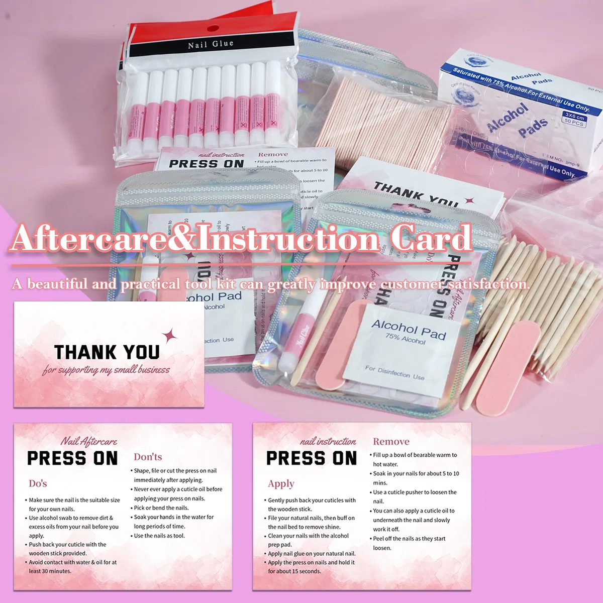 20 Sets Kit Pour Ongles Pressé Jetable de Préparation Pour Ongles, Colle pour lime à ongles, Pad de Préparation, Pastilles Adhésives pour Ongles, Bâtonnet en Bois, Notice d’utilisation, Sac (Rose)