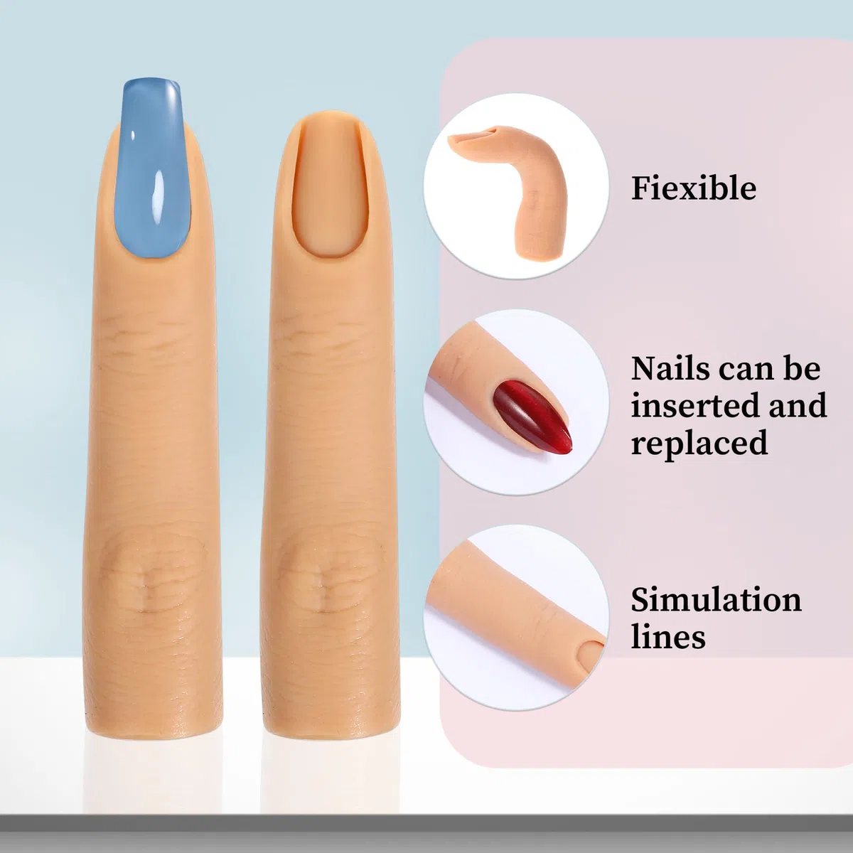 Giantree Lot de 2 faux doigts d'entraînement en silicone souple pour ongles en acrylique, modèle de main d'entraînement flexible et flexible pour la pratique des ongles en acrylique