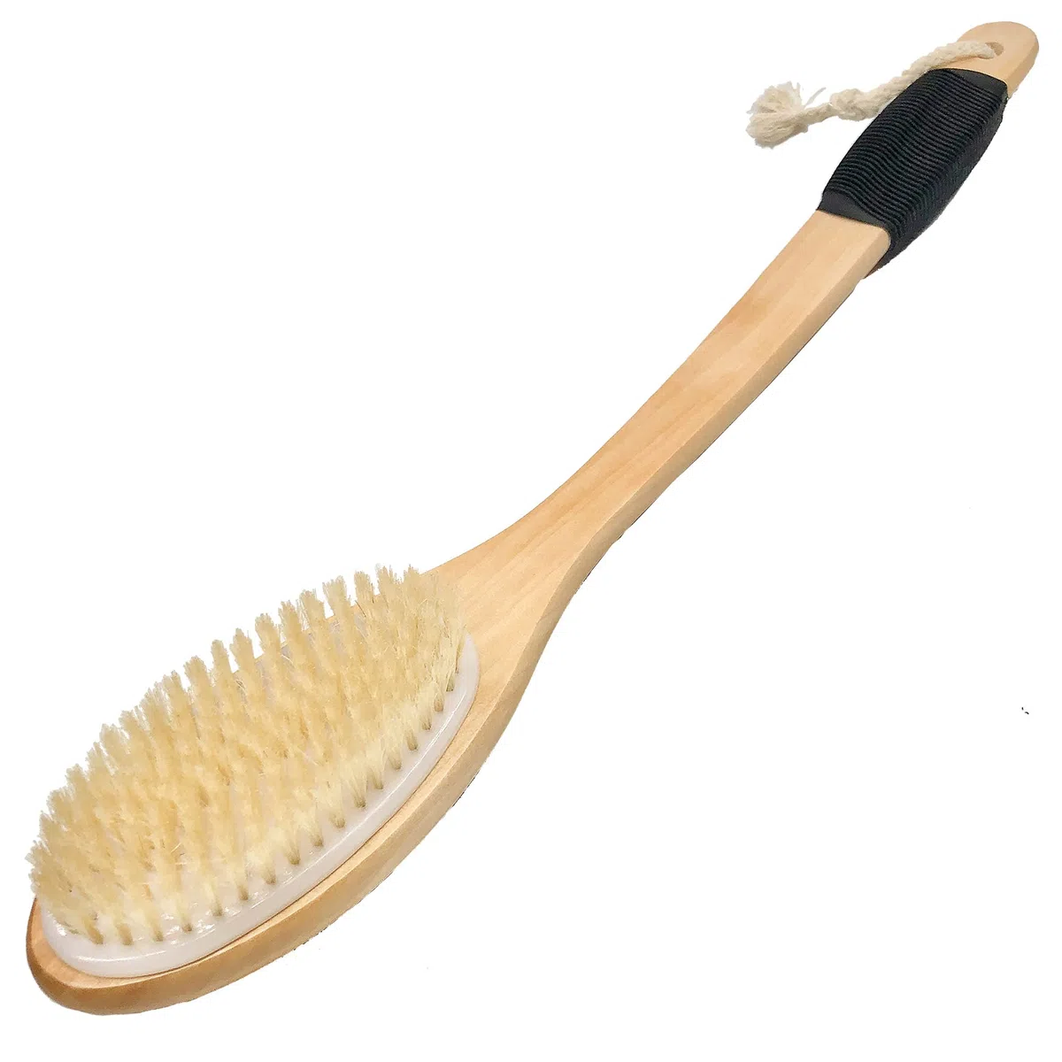 OWIIZI Brosse de bain en bois avec long manche incurvé antidérapant pour exfoliation, brosse à poils naturels pour une utilisation sur le dos, humide ou sec