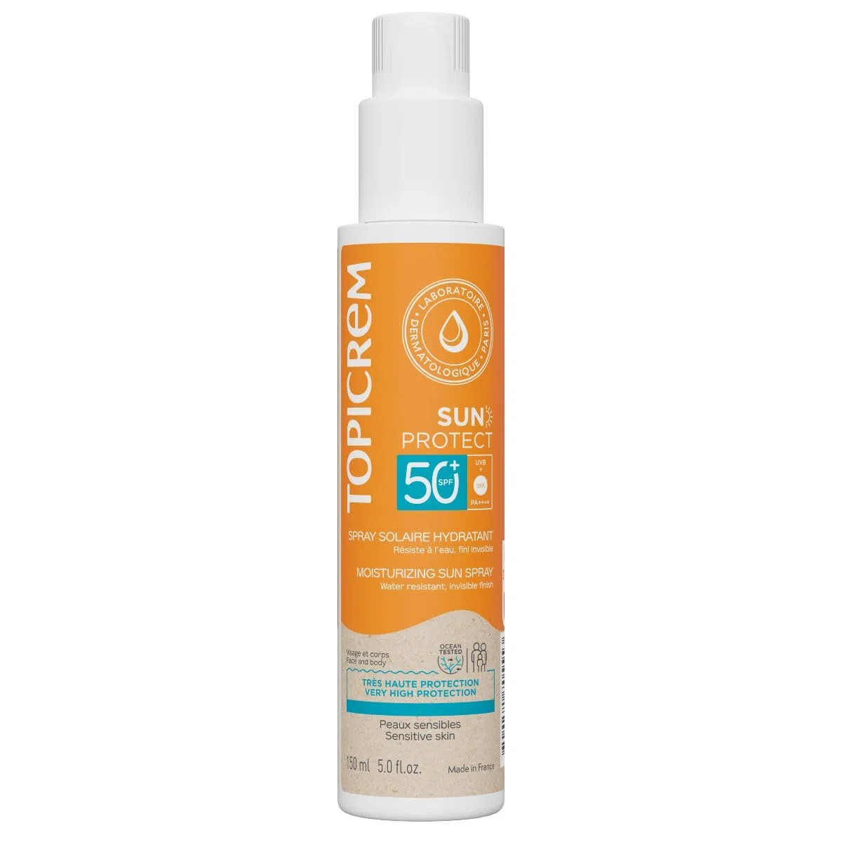 Topicrem - Sun Protect, Spray Solaire Hydratant Visage et Corps SPF50+ - Fluide Solaire Très Haute Protection, Hydrate 8h - Soin Peaux Sensibles, Dès 3 Ans - Parfum Ensoleillé - 150 ml