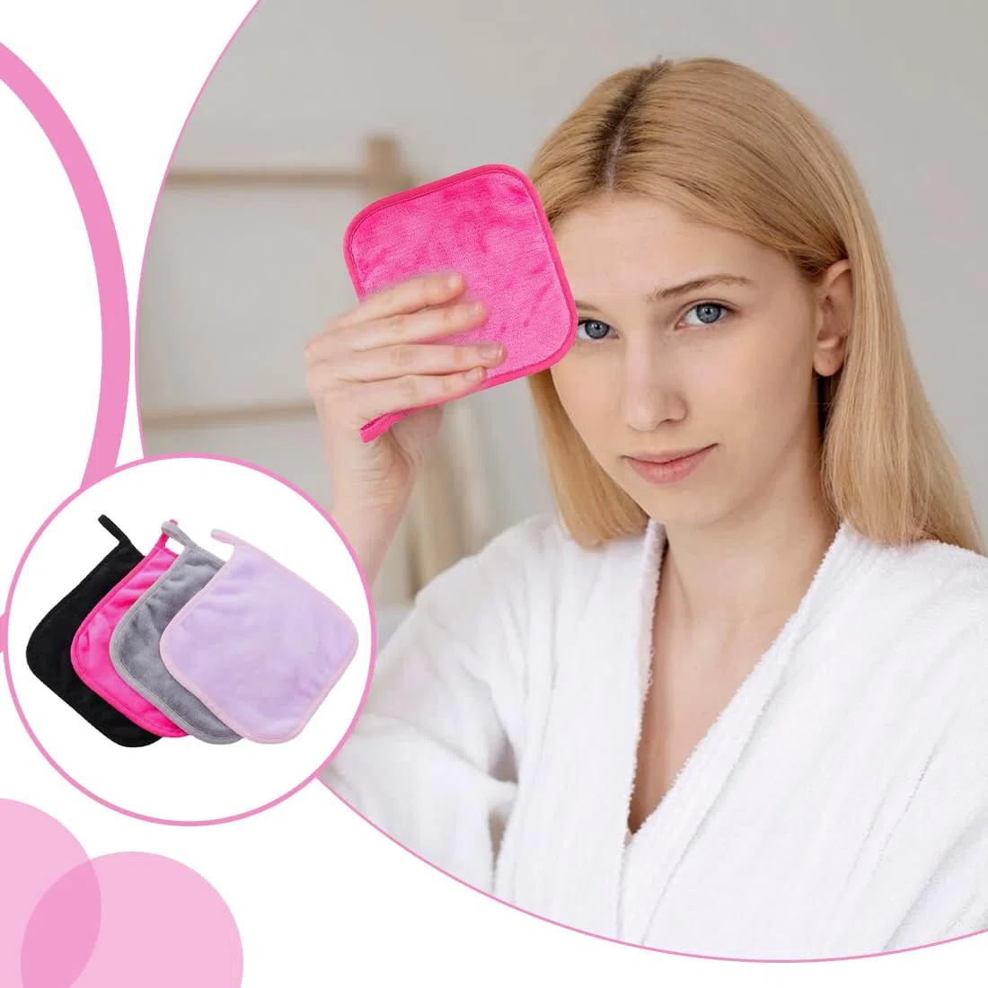 WeddHuis 4 Lingettes Démaquillantes Lavables en Microfibre, 20 x 20 cm, Réutilisables avec Pochette de Rangement, Idéal pour Démaquillage Visage, Multicolore