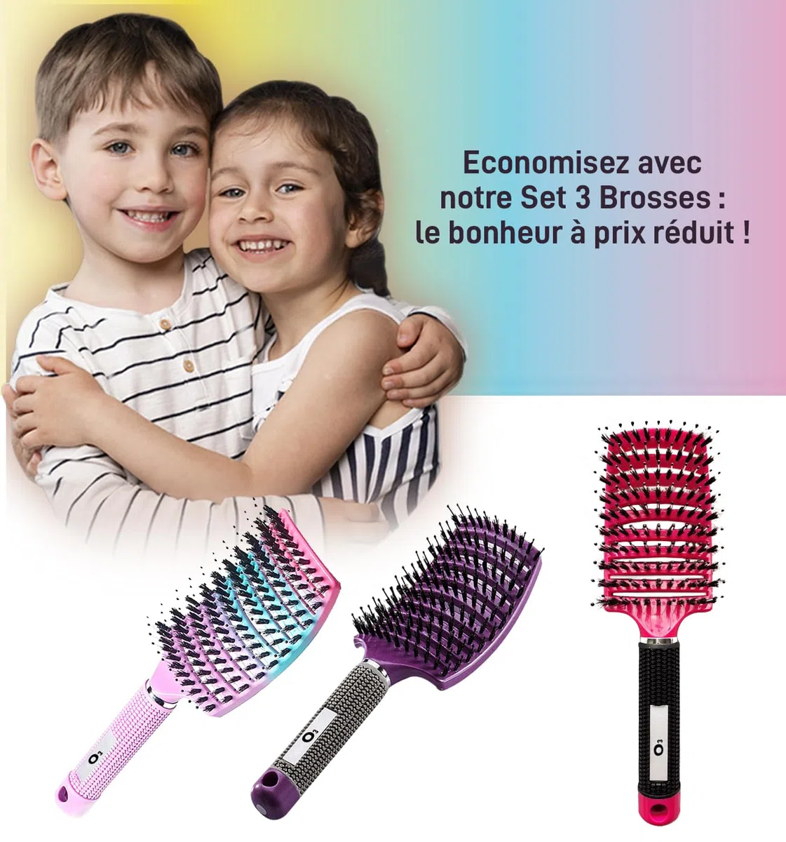 Brosse Cheveux demelante [ 3 Brosses theme Arc-en-Ciel Rose - NE TIRE PAS ] Poil de Sanglier 100% Naturelle - Pour démêler en douceur !