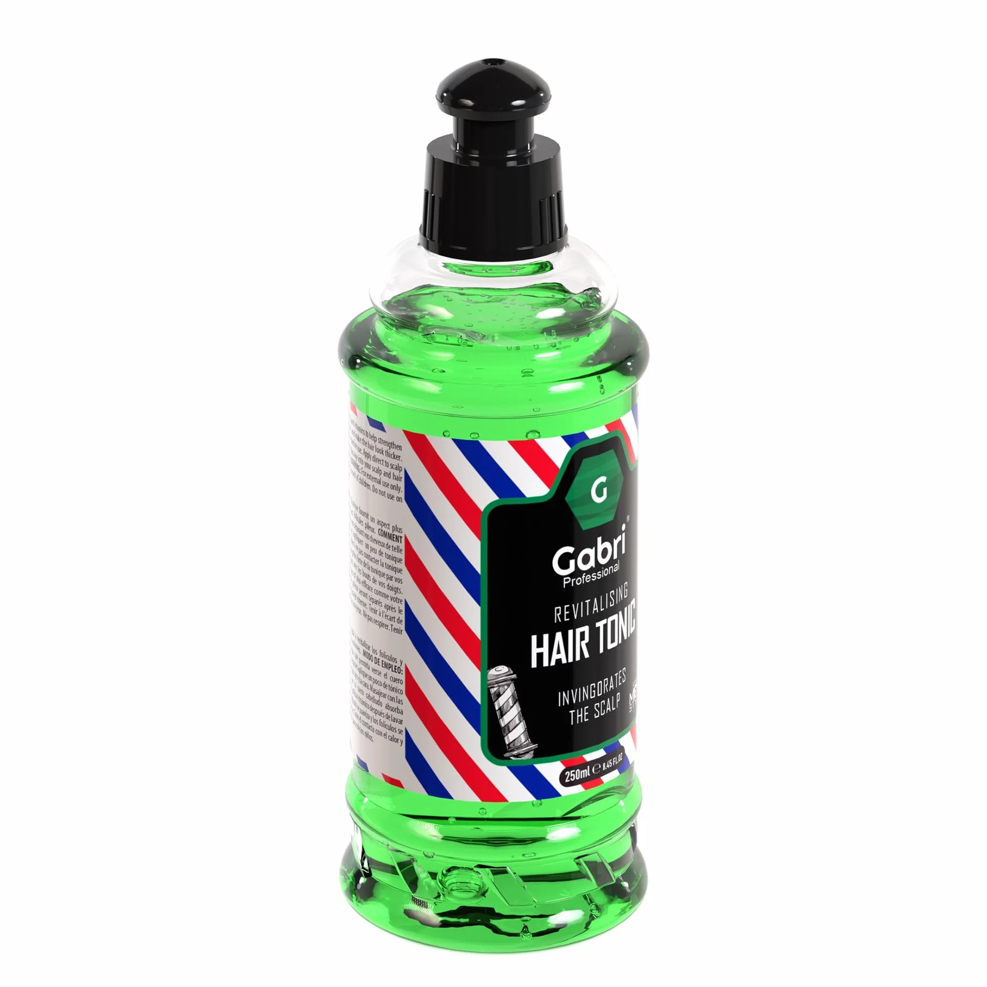 Tonique pour cheveux - Avec un design attrayant de Barber Shop - Vert rafraîchissant à l'intérieur et parfum irrésistible - 250 ml (1 pièce)