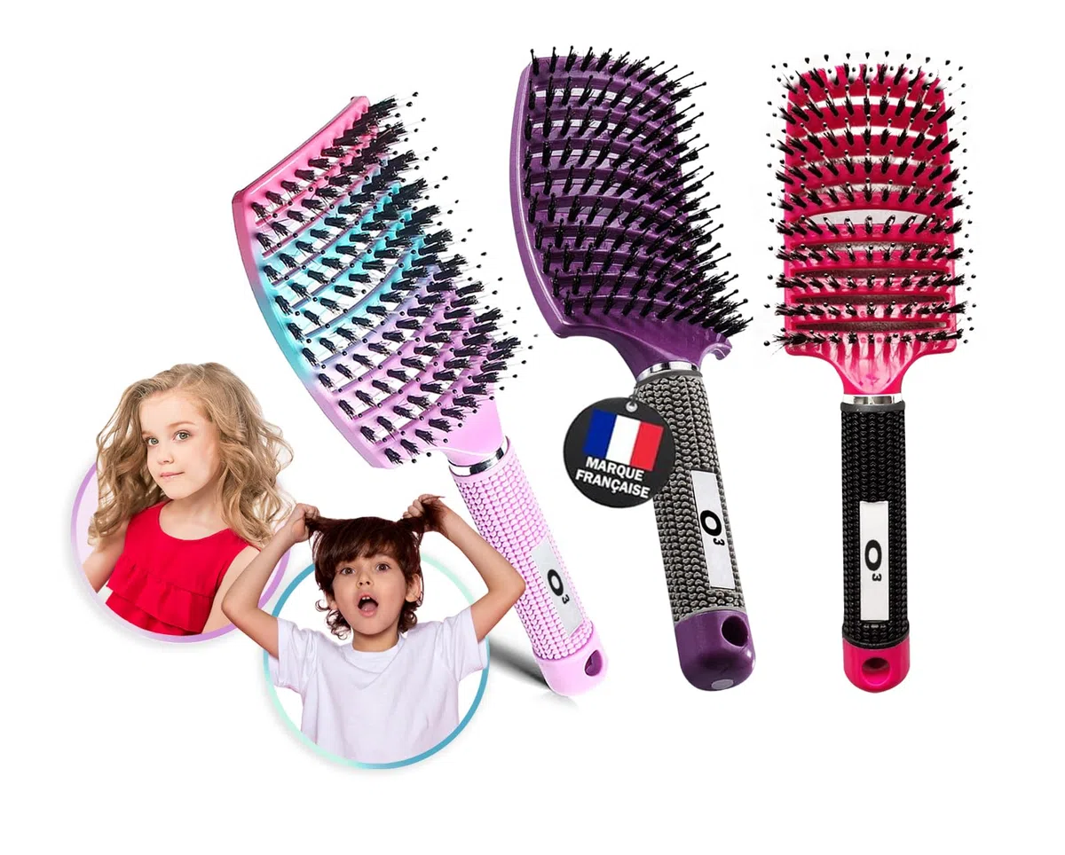 Brosse Cheveux demelante [ 3 Brosses theme Arc-en-Ciel Rose - NE TIRE PAS ] Poil de Sanglier 100% Naturelle - Pour démêler en douceur !