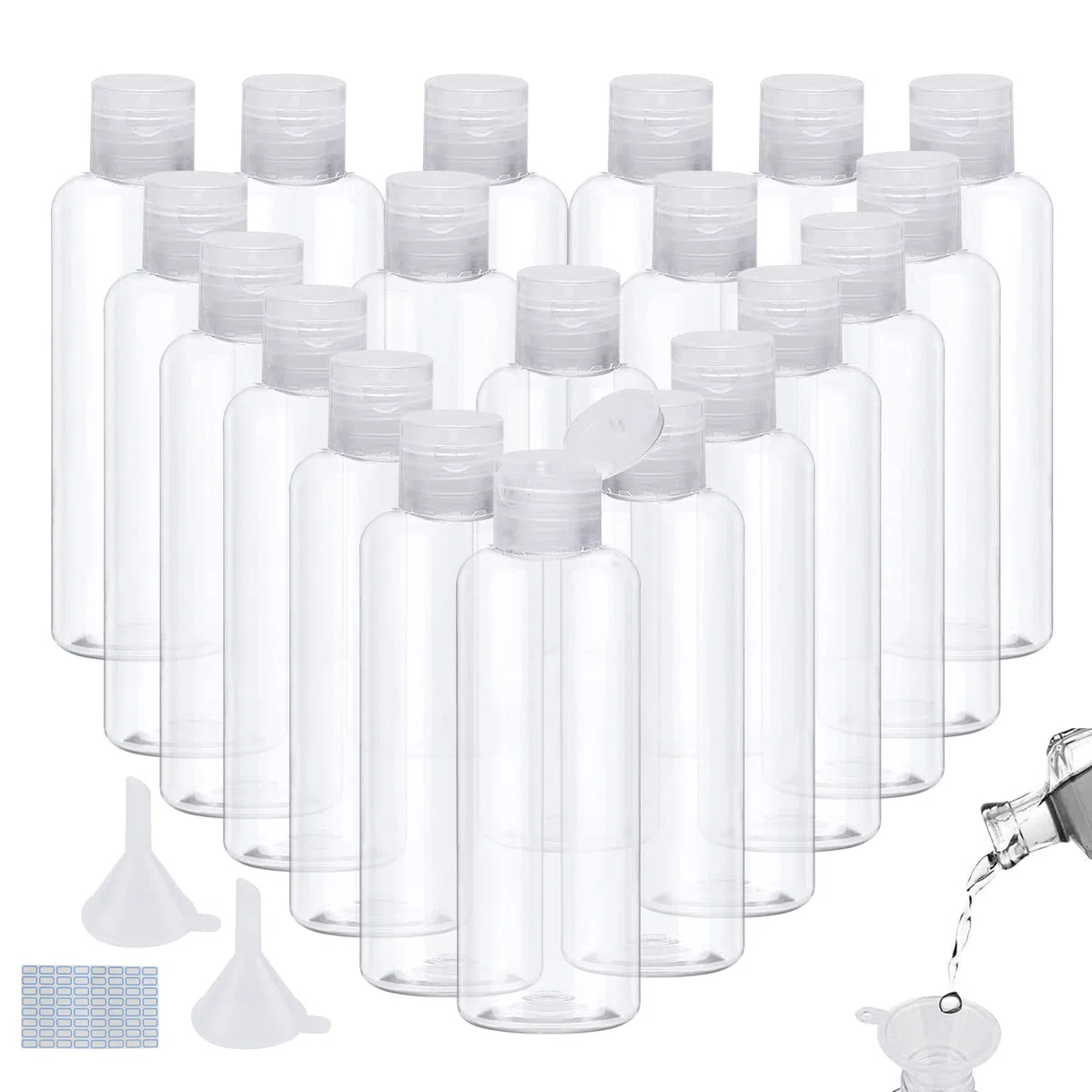 20 Pcs Flacon Vide Voyage, 100ml Bouteille de Voyage pour Cosmétiques, Lotion, Crème, Shampoing, Gel Douche, avec Entonnoirs et Étiquettes