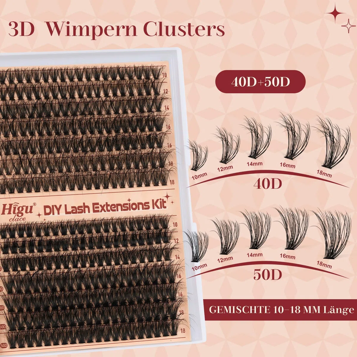 Higu Clace Kit-Extension-Cils, 280 pièces, 40D + 50D, extension de cils individuelle, tenue 7 jours, avec applicateur(kit 40D + 50D)