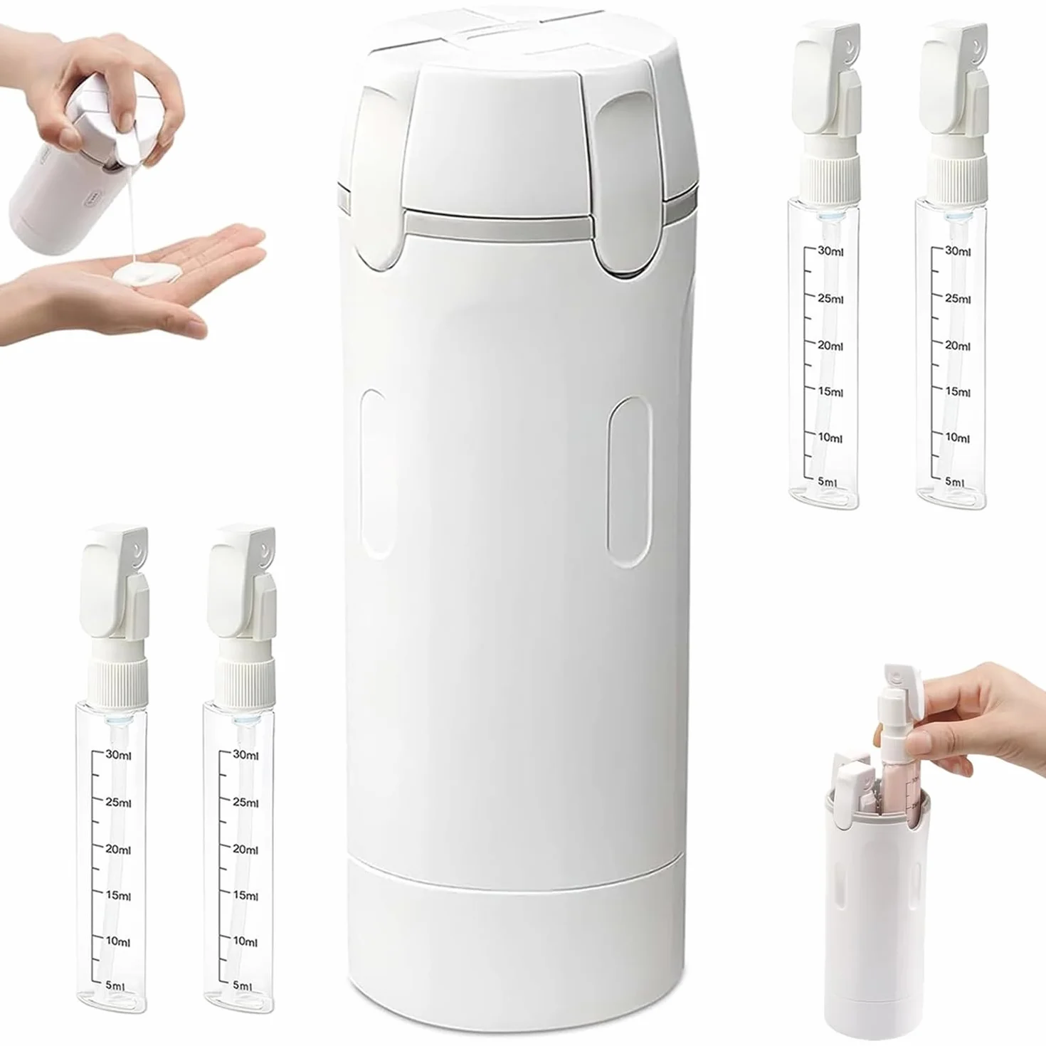 Flacon Distributeur de Voyage 4 en 1, Anti-Fuite Kit Voyage Produit Toilette, Contenant Voyage Anti-Fuite Portable, Flacons distributeurs de Voyage Rechargeables en Silicone, pour Shampoing, Lotion
