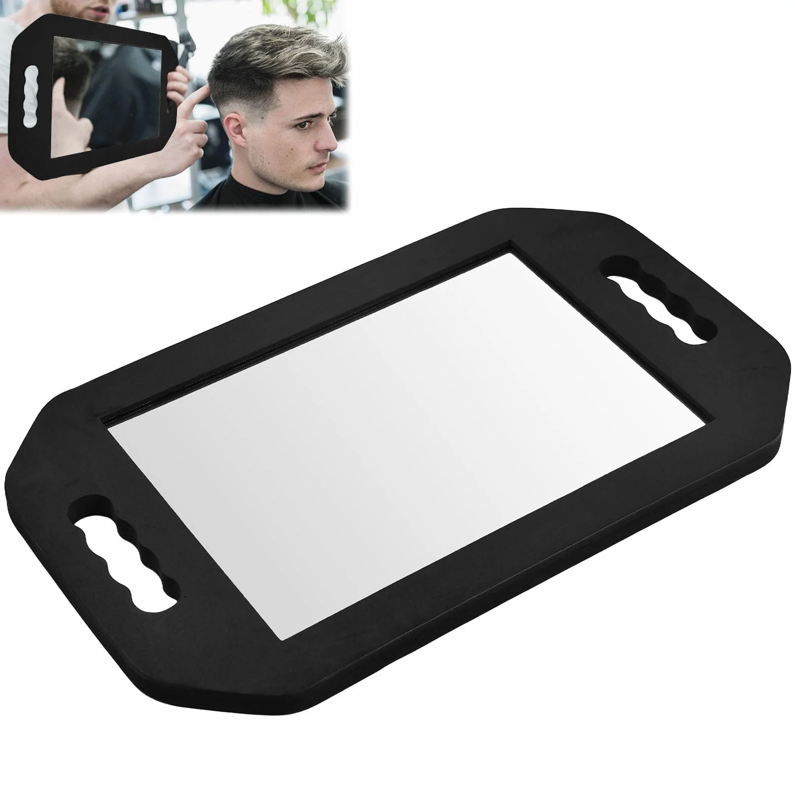 Miroir à Main, avec Double Poignée, Miroir de Coiffure Miroirs à Main à Double Poignée Miroirs de Coiffeur en Mousse Outils de Coiffure Professionnels pour Barbier et Salon de Coiffures, Noir