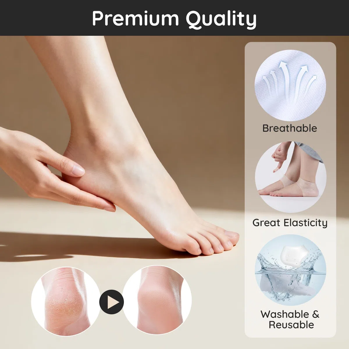 Segbeauty Chaussettes Hydratantes, 6 Paires Chaussette Hydratante Pied et 2 Paires Protège Talon Silicone, Respirant et Lavables, pour Soin des Pieds (Blanc)