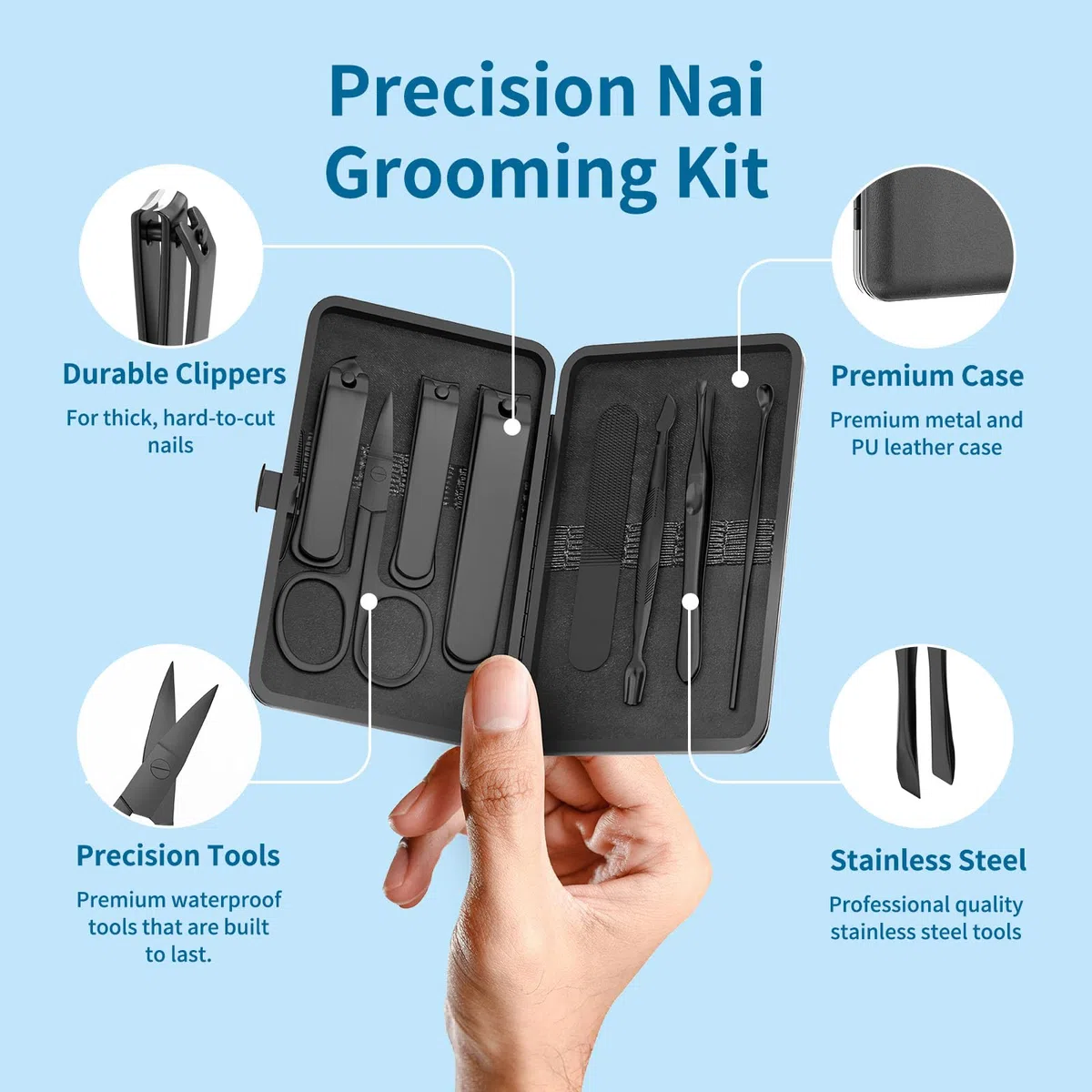 Precision Kit de Voyage Pour Soins Des Ongles Pour Homme 8 Pièces, Ensemble de Manucure en Acier Inoxydable Avec Coupe-ongles et Coupe-ongles, Lime à Ongles, Pince à Pointe Inclinée