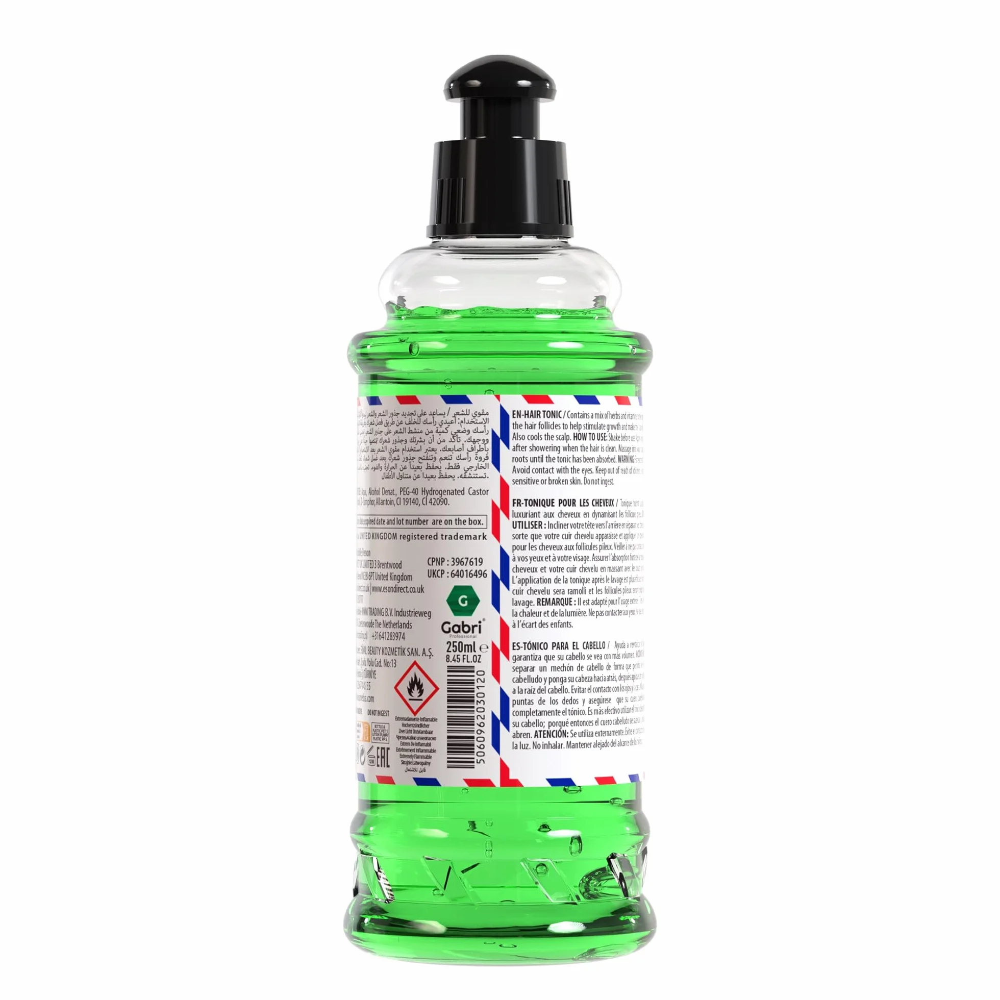 Tonique pour cheveux - Avec un design attrayant de Barber Shop - Vert rafraîchissant à l'intérieur et parfum irrésistible - 250 ml (1 pièce)