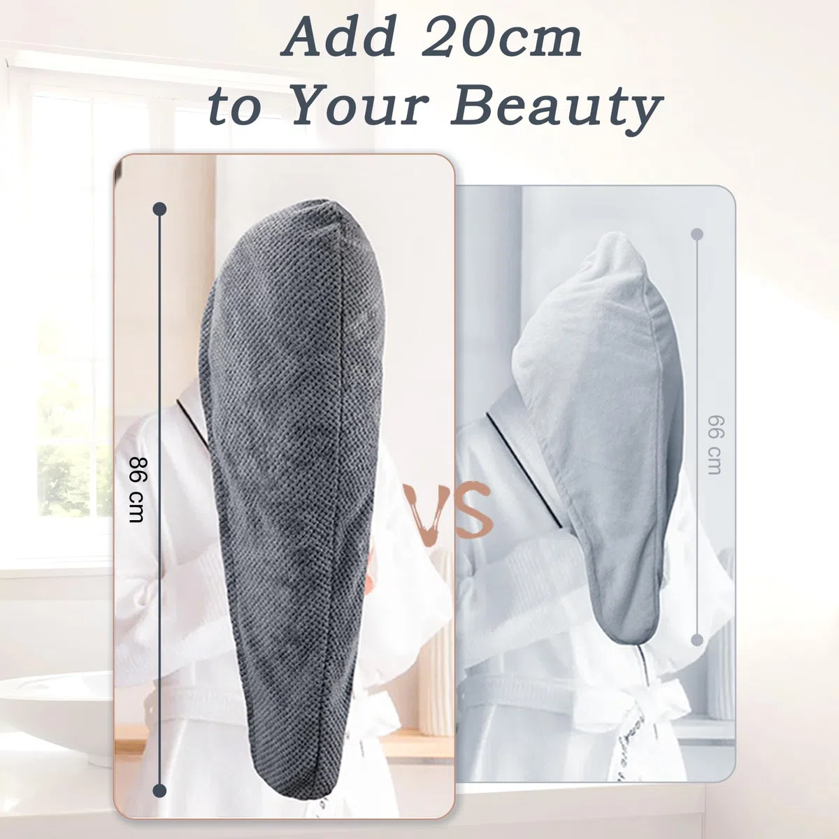 Lot 2 Grandes 86x26 CM Serviette Microfibre Cheveux pour Longs et Bouclés, Super Absorbantes, Serviette Cheveux Sechage Rapide avec Sangles Elastiques pour Femme, Serviette de Séchage, Gris