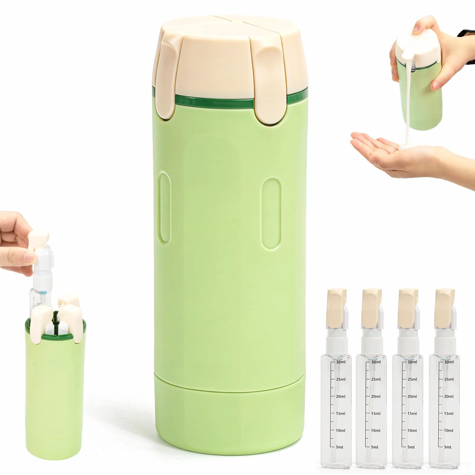 Lot de flacons distributeurs de voyage 4 en 1 : flacons compressibles rechargeables, étanches pour articles de toilette - Conteneurs de voyage portables pour shampooing, lotion, après-shampoing et