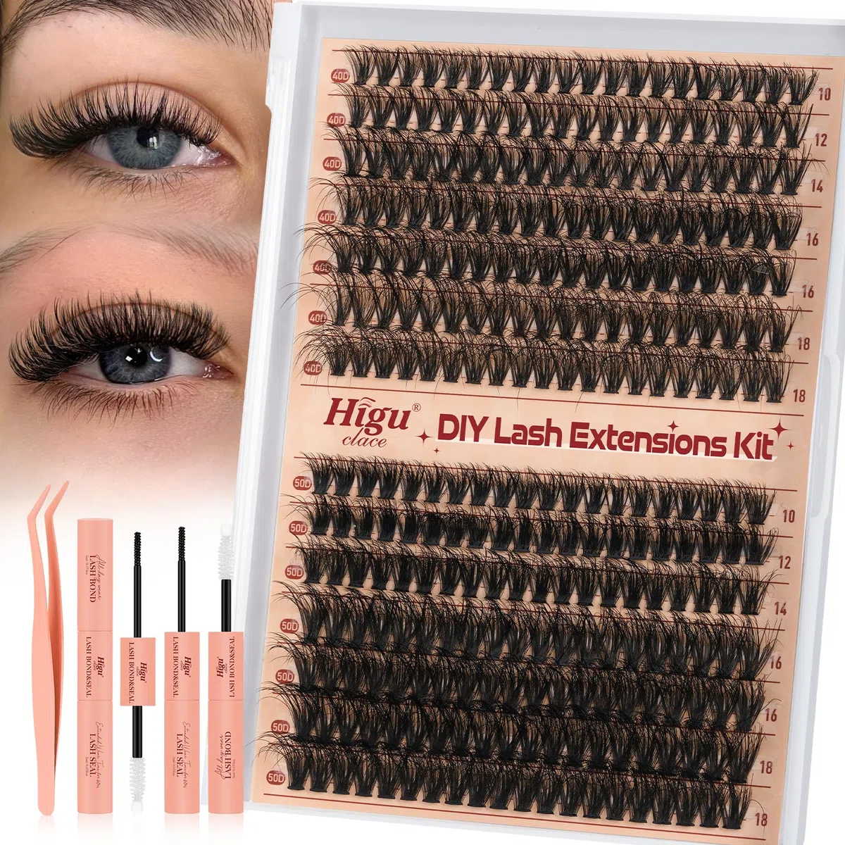 Higu Clace Kit-Extension-Cils, 280 pièces, 40D + 50D, extension de cils individuelle, tenue 7 jours, avec applicateur(kit 40D + 50D)