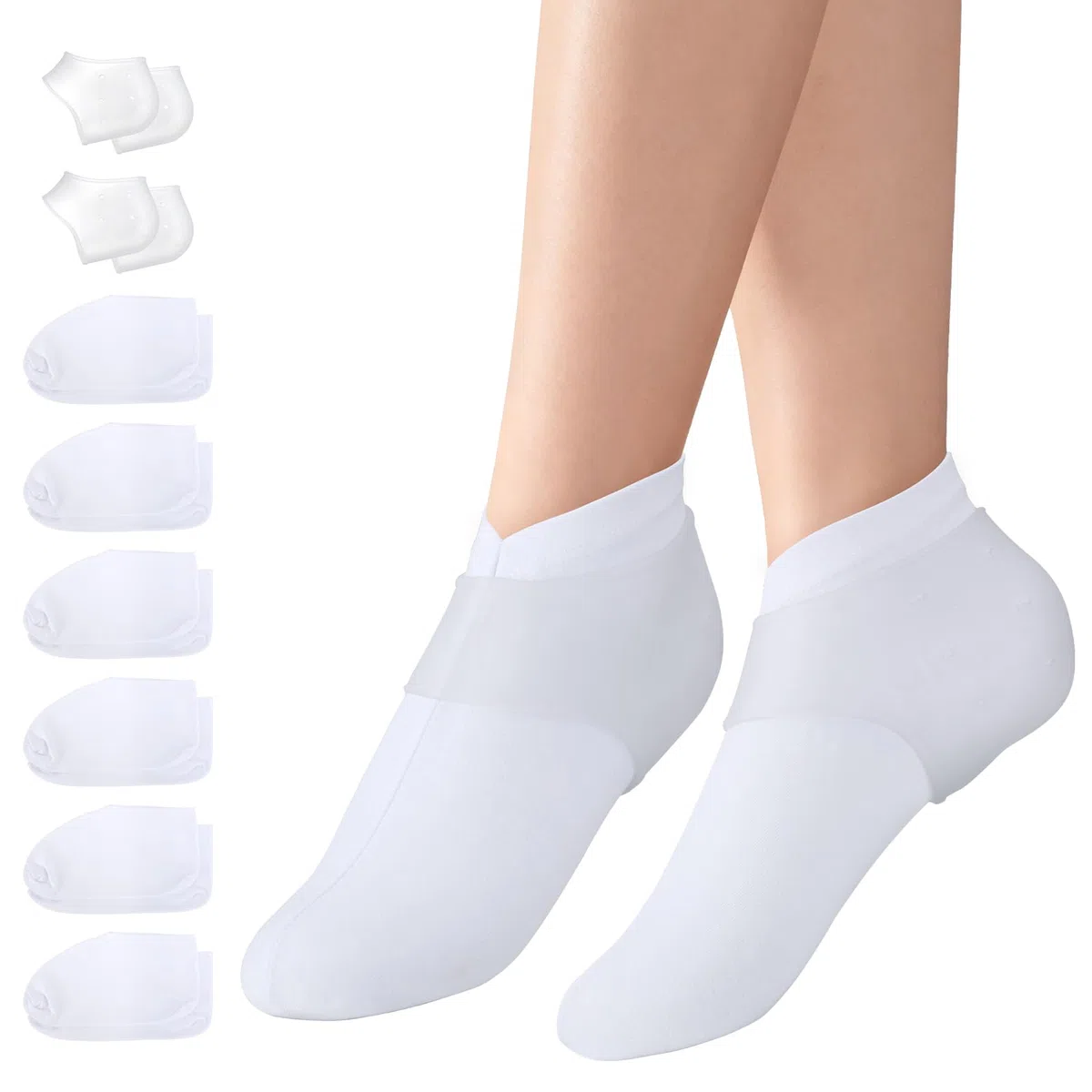 Segbeauty Chaussettes Hydratantes, 6 Paires Chaussette Hydratante Pied et 2 Paires Protège Talon Silicone, Respirant et Lavables, pour Soin des Pieds (Blanc)