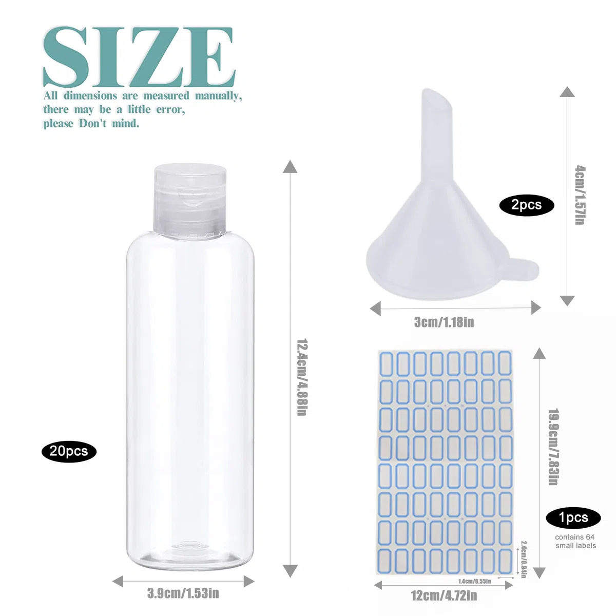 20 Pcs Flacon Vide Voyage, 100ml Bouteille de Voyage pour Cosmétiques, Lotion, Crème, Shampoing, Gel Douche, avec Entonnoirs et Étiquettes